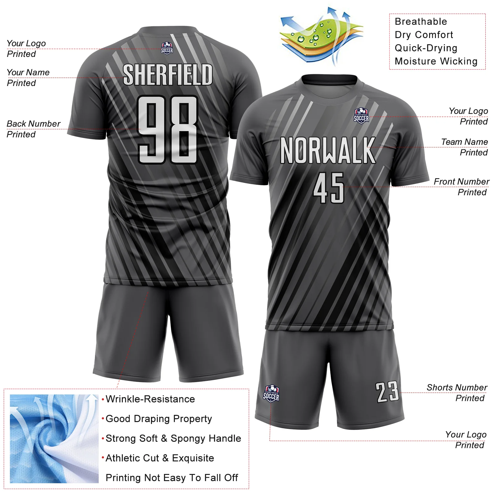 Custom Steel Gray White-Black Stripe Line Sublimation Soccer Uniform Jersey - Image 4