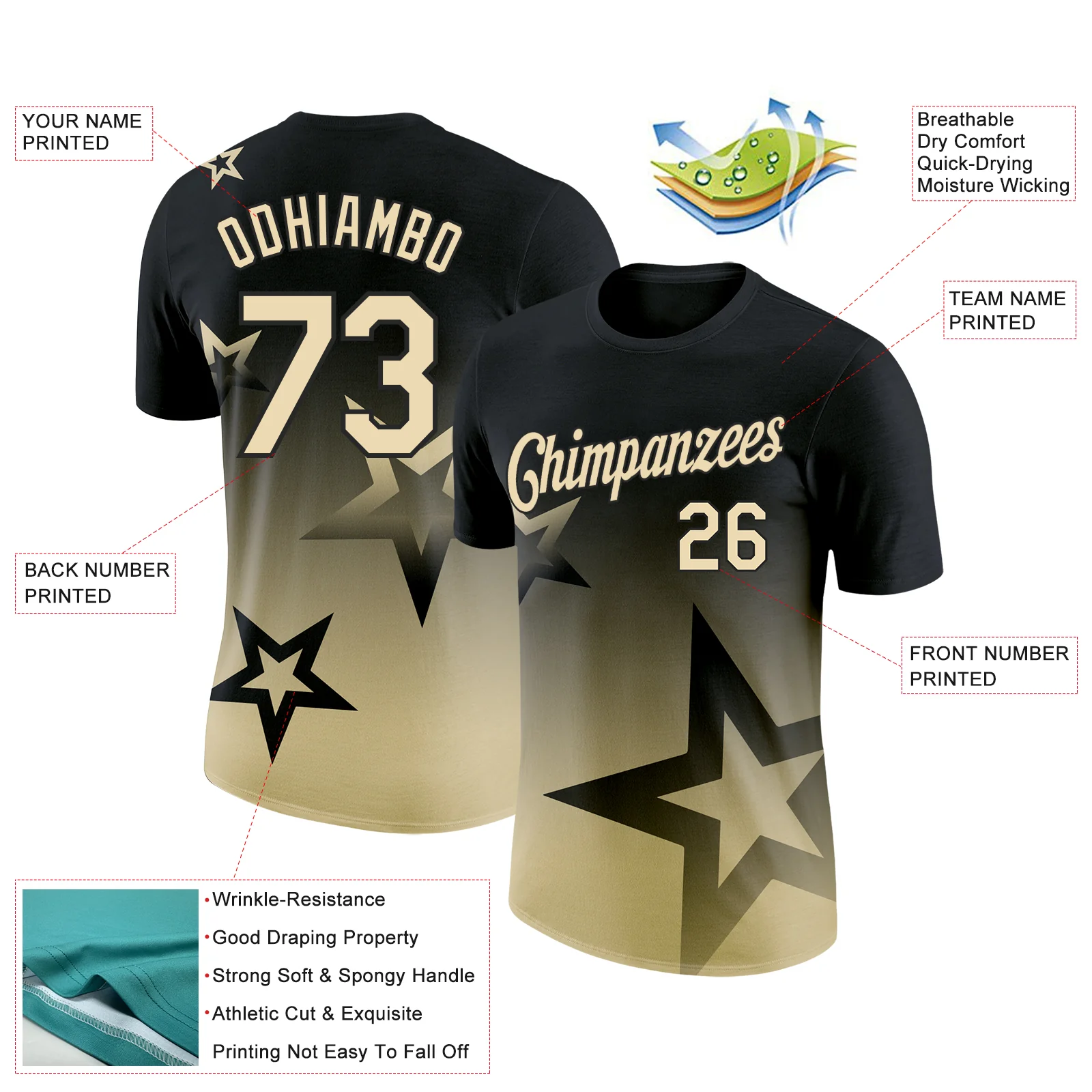 Custom Black Cream 3D Pattern Design Gradient Style Twinkle Star Performance T-Shirt - Image 2