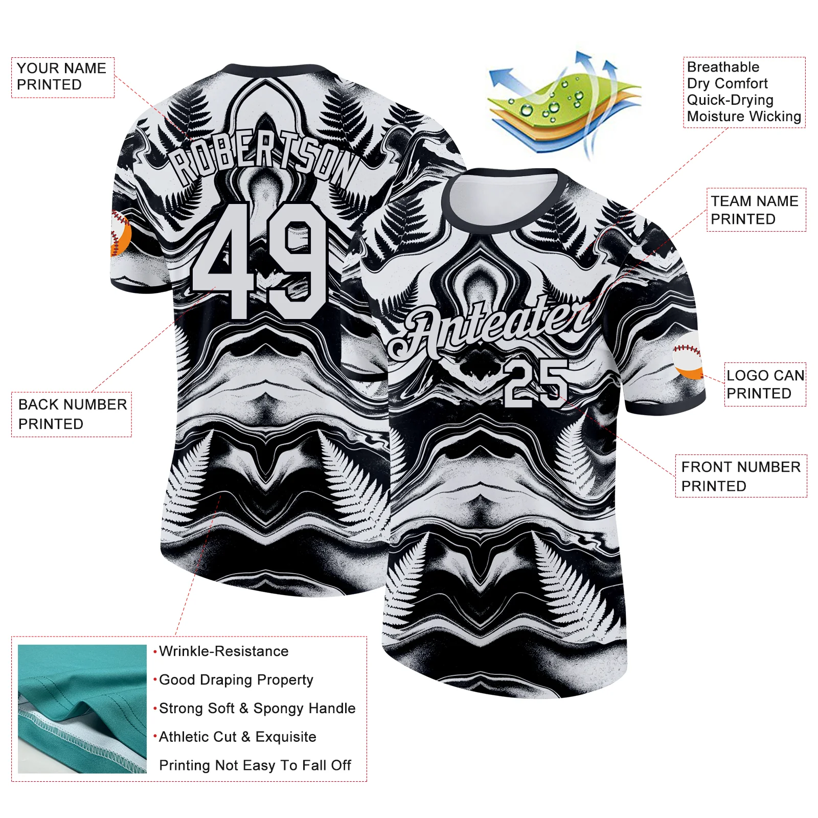 Custom Black White New Zealand Silver Fern Soccer Jersey Performance T-Shirt - Image 2