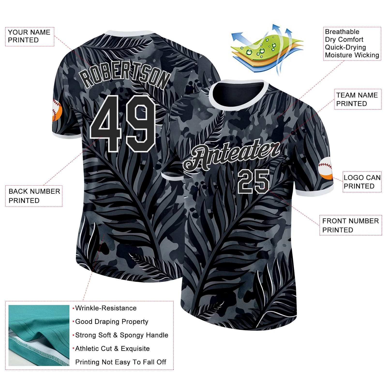 Custom Black White New Zealand Silver Fern Soccer Jersey Performance T-Shirt - Image 2