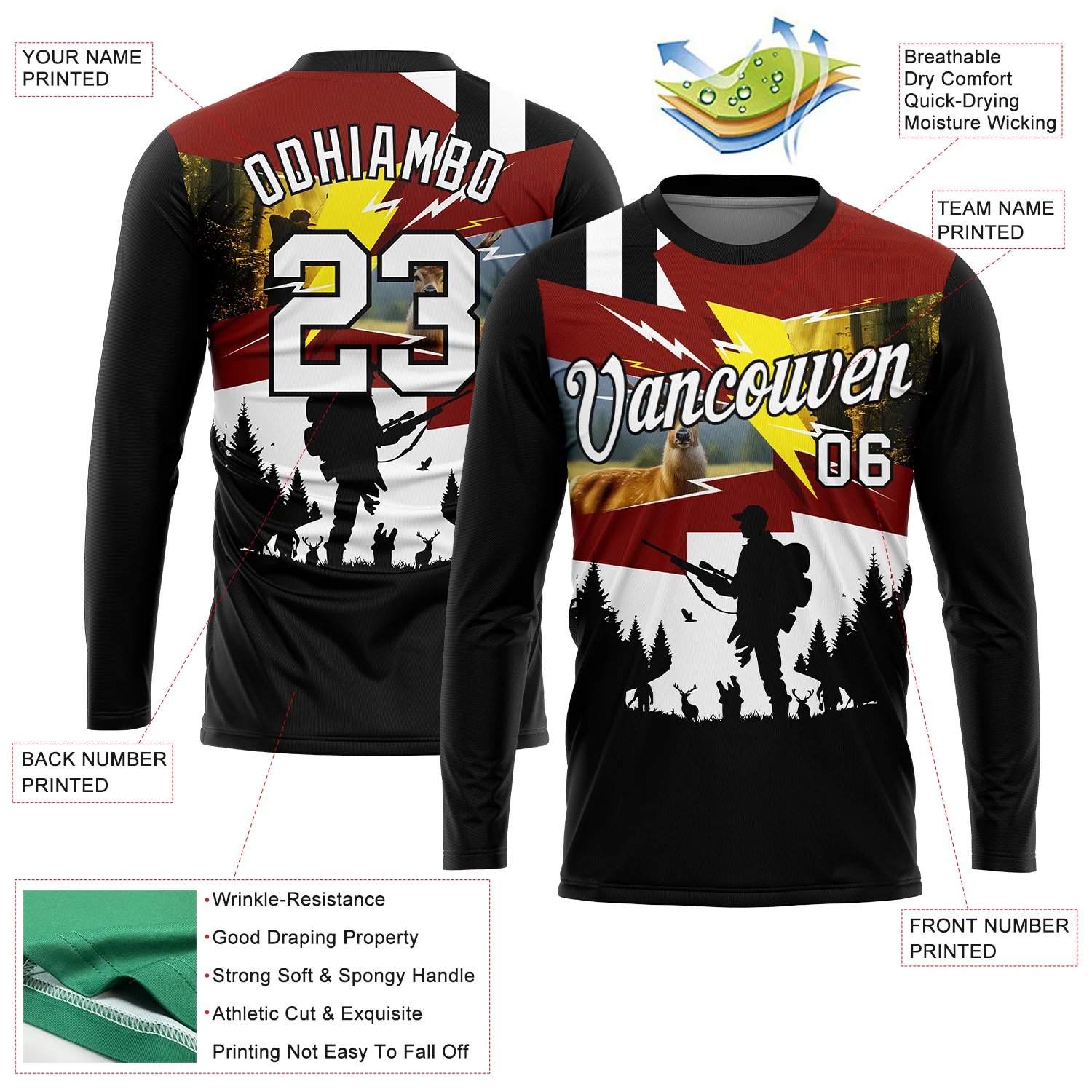 Custom Black White 3D Animal Deer Hunting Tool Gun Hunter Long Sleeve Performance T-Shirt - Image 2