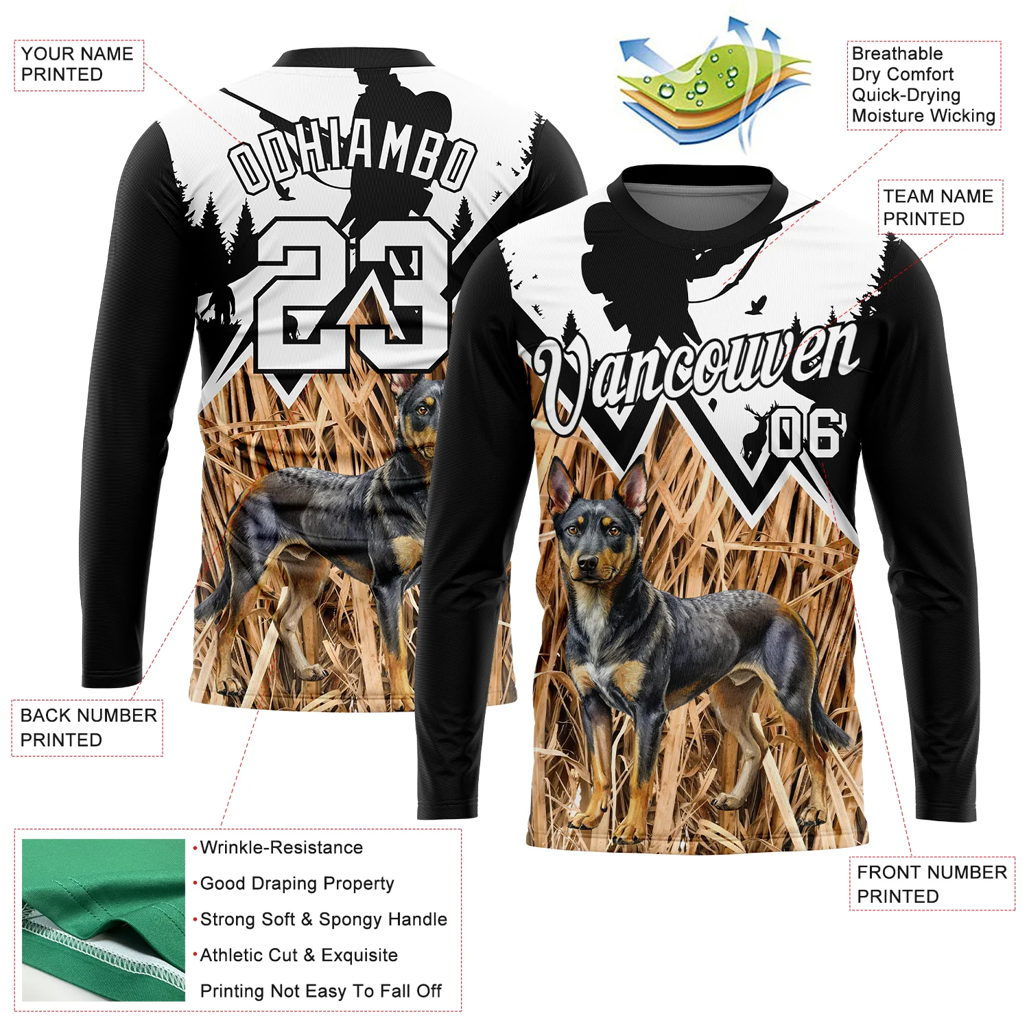 Custom Black White 3D Animal Rottweiler Dog Hunting Tool Gun Hunter Long Sleeve Performance T-Shirt - Image 2