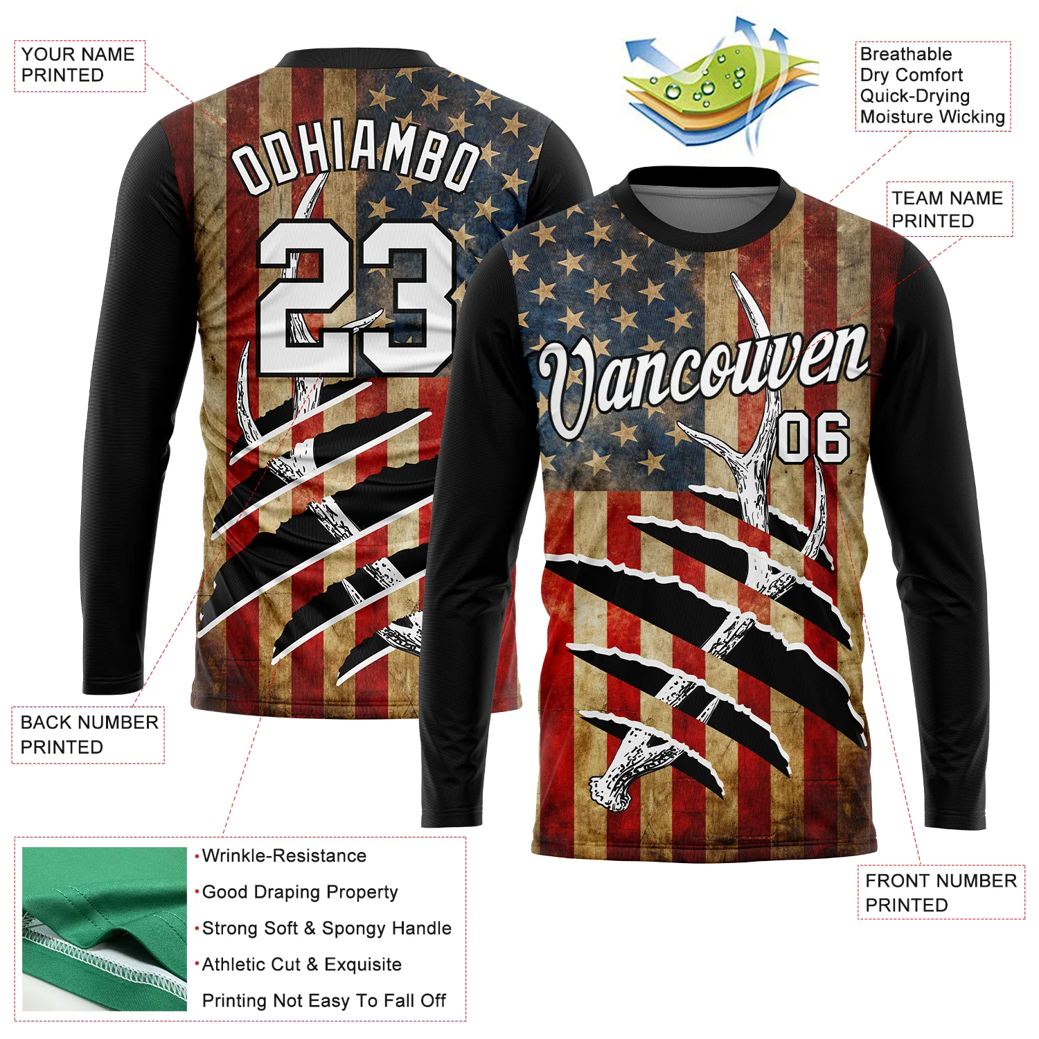 Custom Black White 3D Animal Deer Hunting American Flag Long Sleeve Performance T-Shirt - Image 2
