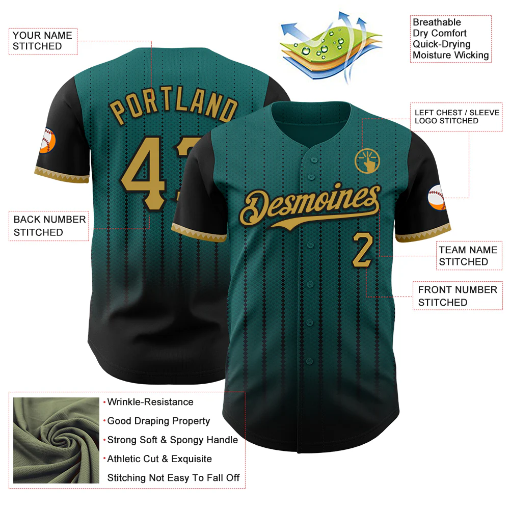 Custom Teal Old Gold-Black 3D Pattern Design Gradient Geometric Shape Authentic Baseball Jersey - Image 3