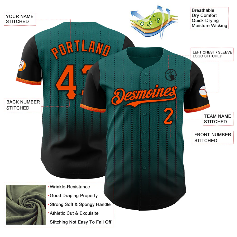 Custom Teal Orange-Black 3D Pattern Design Gradient Geometric Shape Authentic Baseball Jersey - Image 3