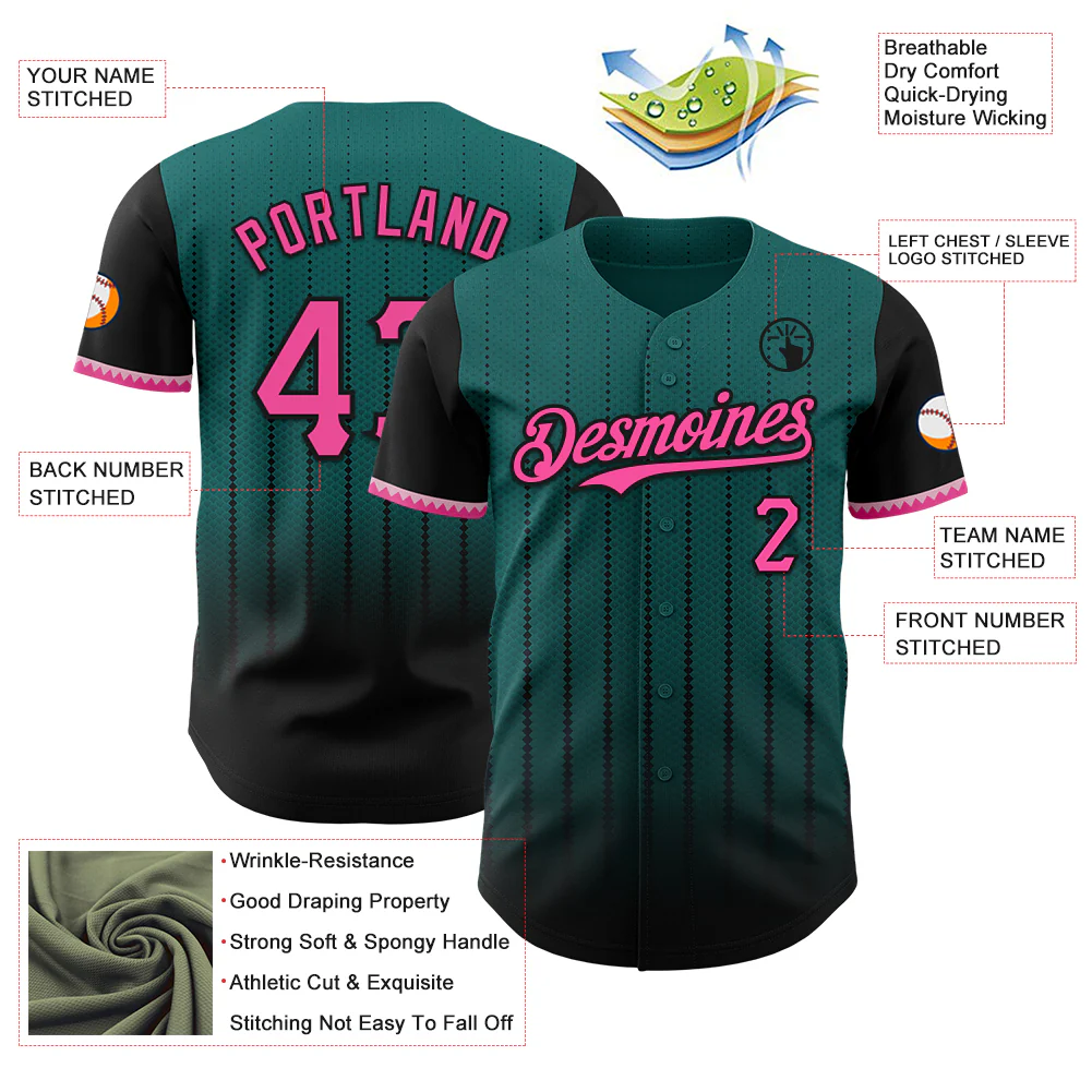 Custom Teal Pink-Black 3D Pattern Design Gradient Geometric Shape Authentic Baseball Jersey - Image 3