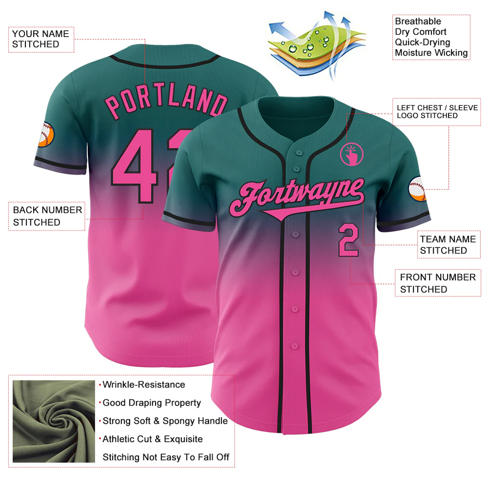 Custom Teal Pink-Black Authentic Fade Fashion Baseball Jersey - Image 3