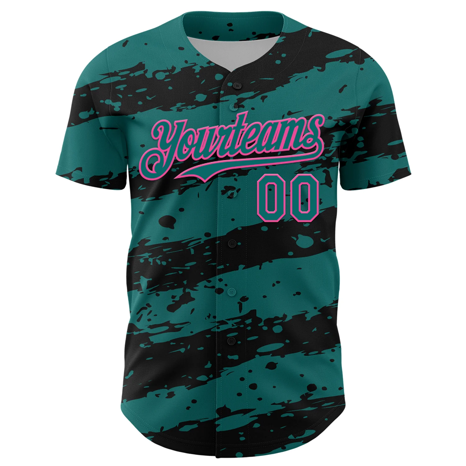 Custom Teal Black-Pink Paint Splash Stripe Authentic Baseball Jersey - Image 2