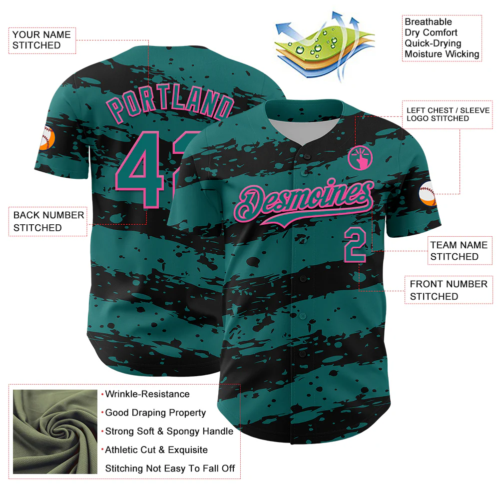 Custom Teal Black-Pink Paint Splash Stripe Authentic Baseball Jersey - Image 3