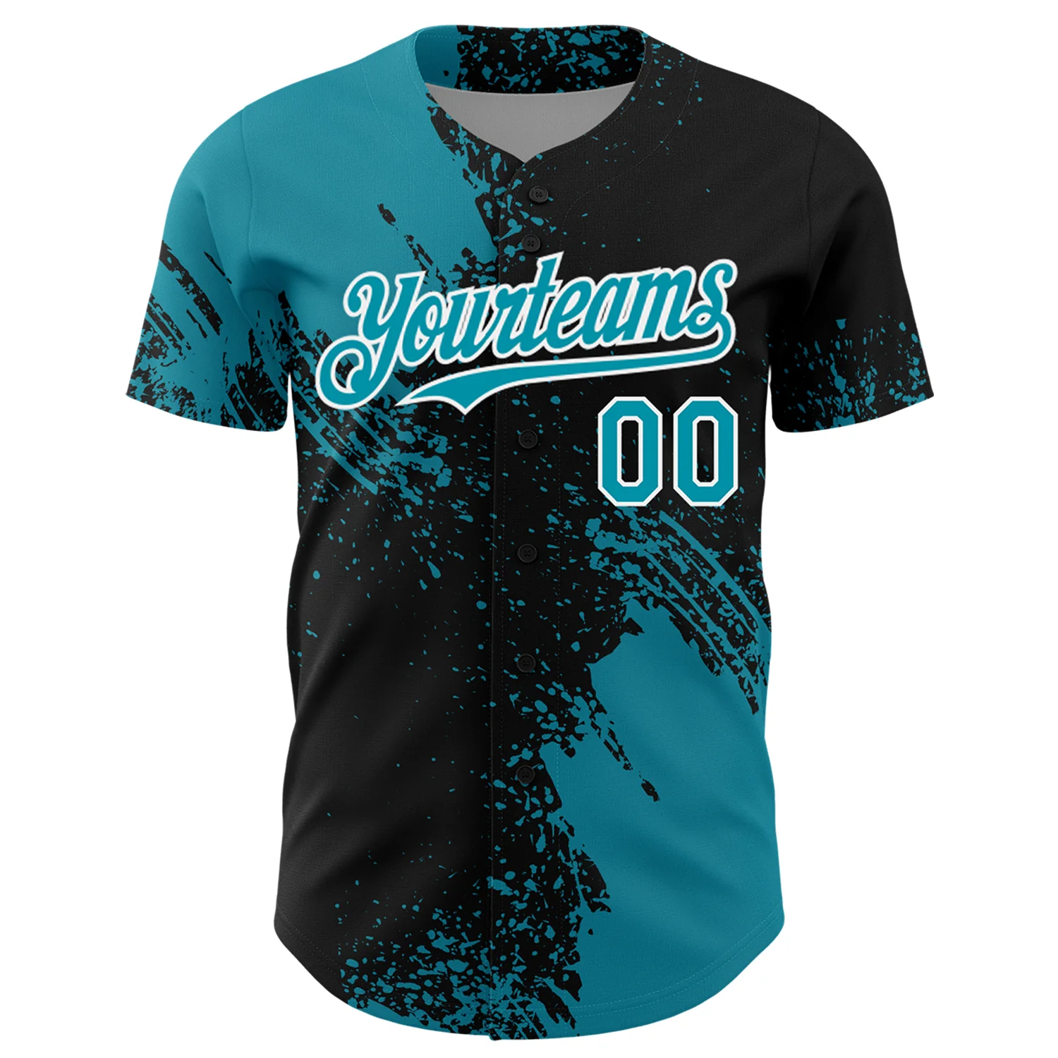 Custom Teal Black-White 3D Pattern Design Abstract Brush Stroke Authentic Baseball Jersey - Image 2