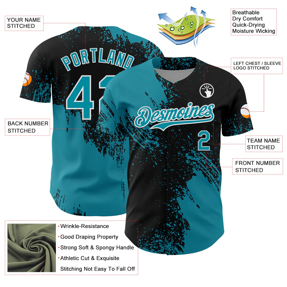 Custom Teal Black-White 3D Pattern Design Abstract Brush Stroke Authentic Baseball Jersey - Image 3