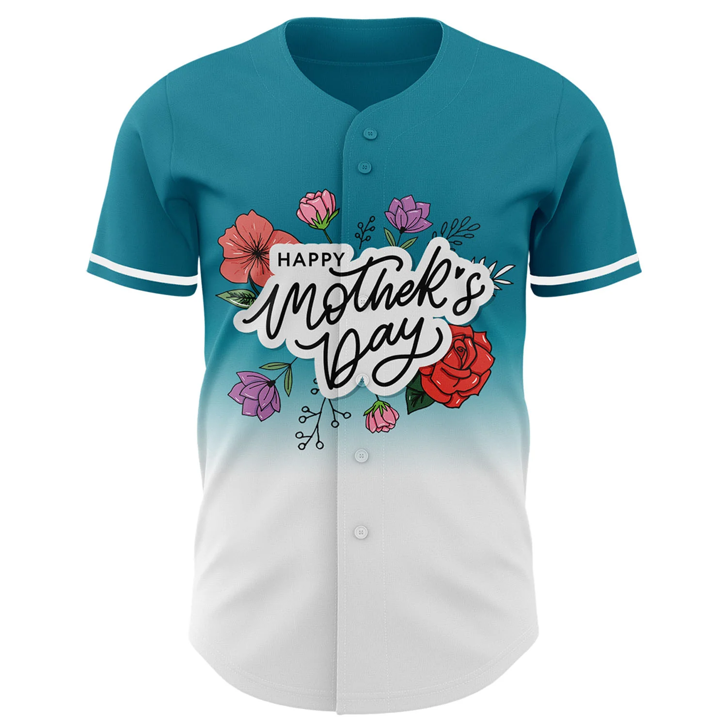 Custom Teal White-Black 3D Pattern Design Gradient Mother's Day Flower Authentic Baseball Jersey - Image 2