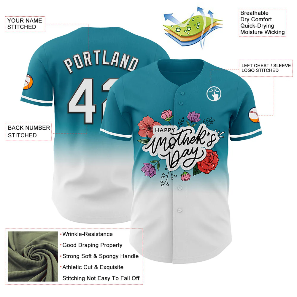 Custom Teal White-Black 3D Pattern Design Gradient Mother's Day Flower Authentic Baseball Jersey - Image 3
