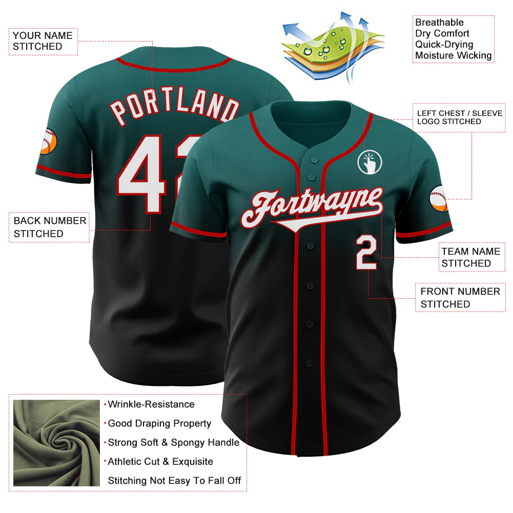 Custom Teal Black-Red Authentic Fade Fashion Baseball Jersey - Image 3