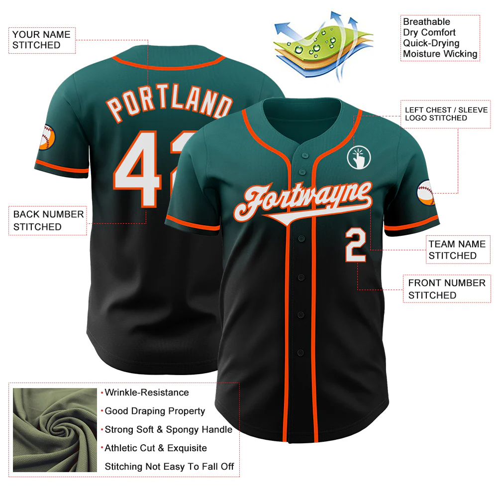 Custom Teal Black-Orange Authentic Fade Fashion Baseball Jersey - Image 3