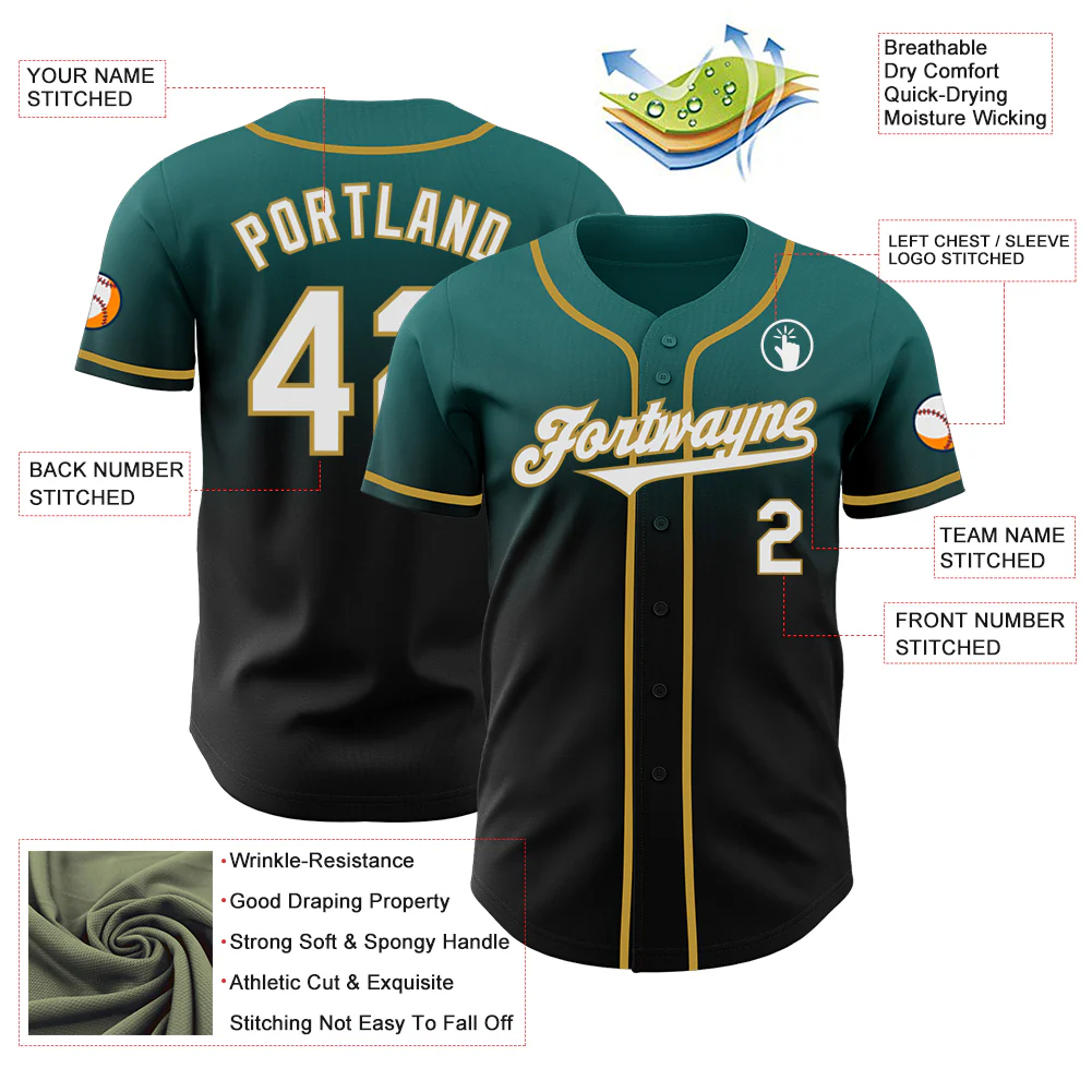 Custom Teal Black-Old Gold Authentic Fade Fashion Baseball Jersey - Image 3