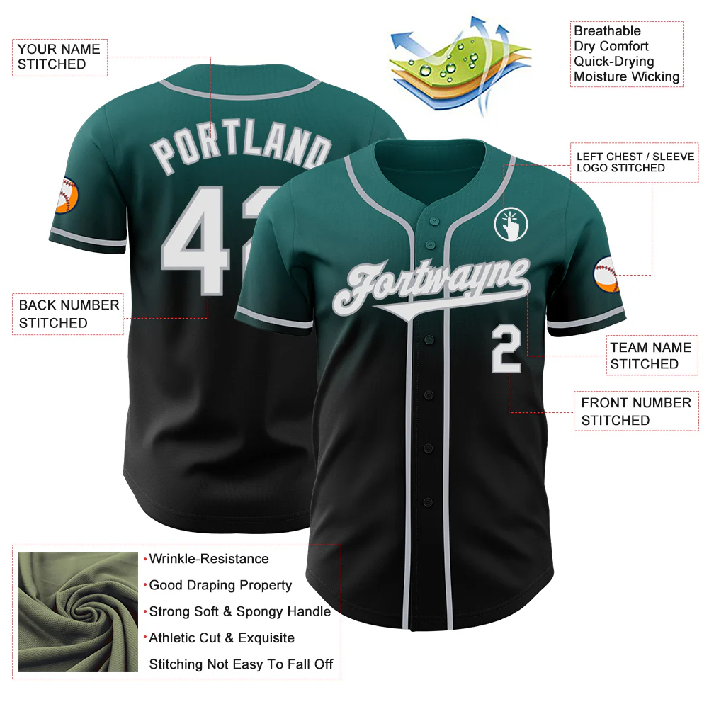 Custom Teal Black-Gray Authentic Fade Fashion Baseball Jersey - Image 3