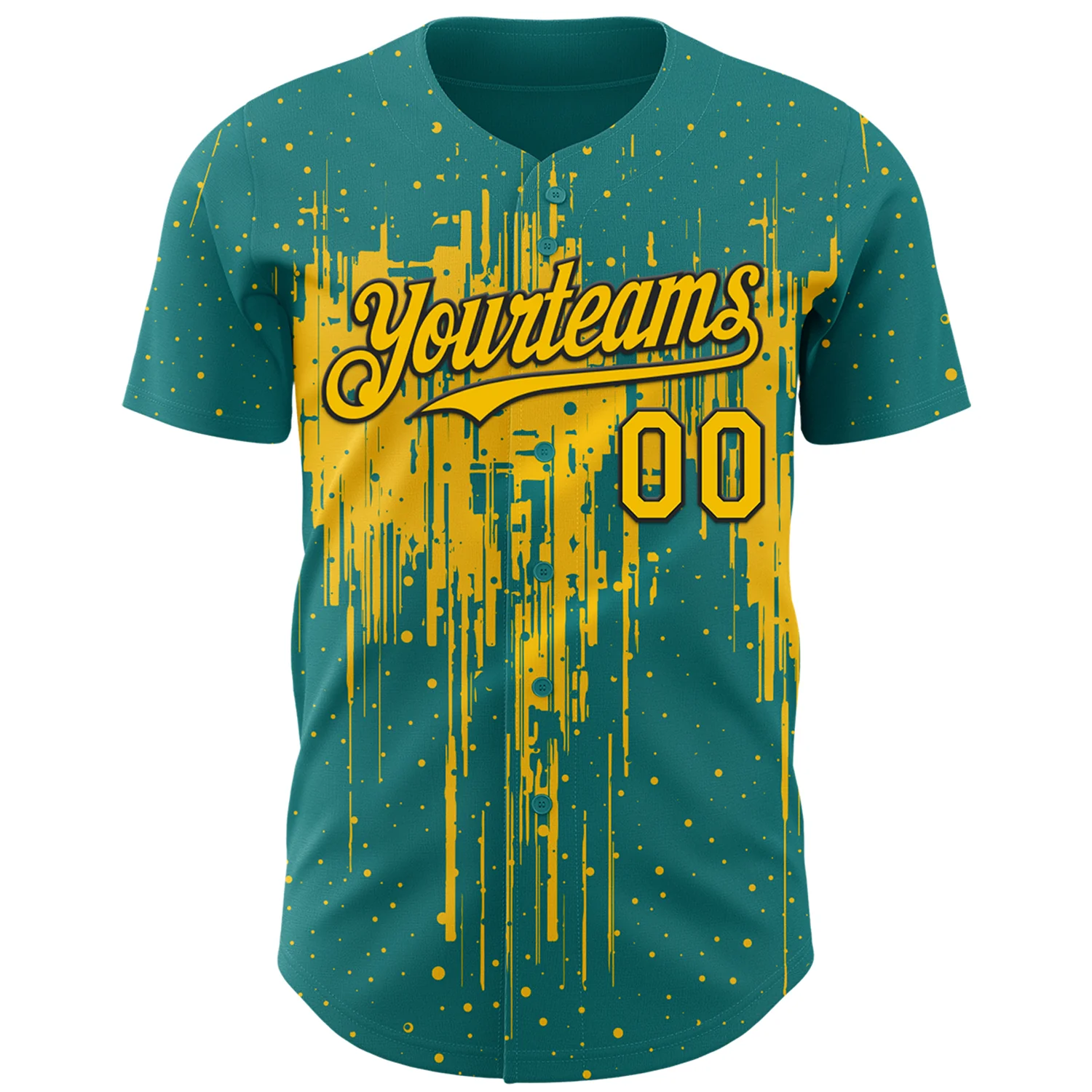 Custom Teal Yellow-Black Dripping Splatter Paint Authentic Baseball Jersey - Image 2
