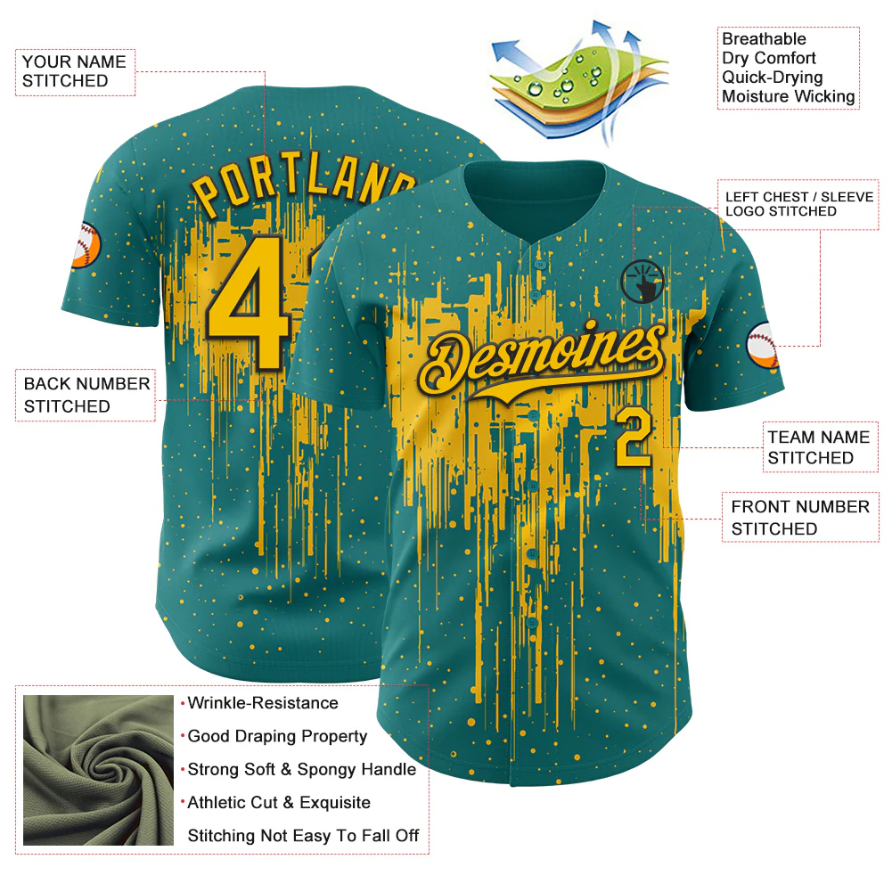 Custom Teal Yellow-Black Dripping Splatter Paint Authentic Baseball Jersey - Image 3