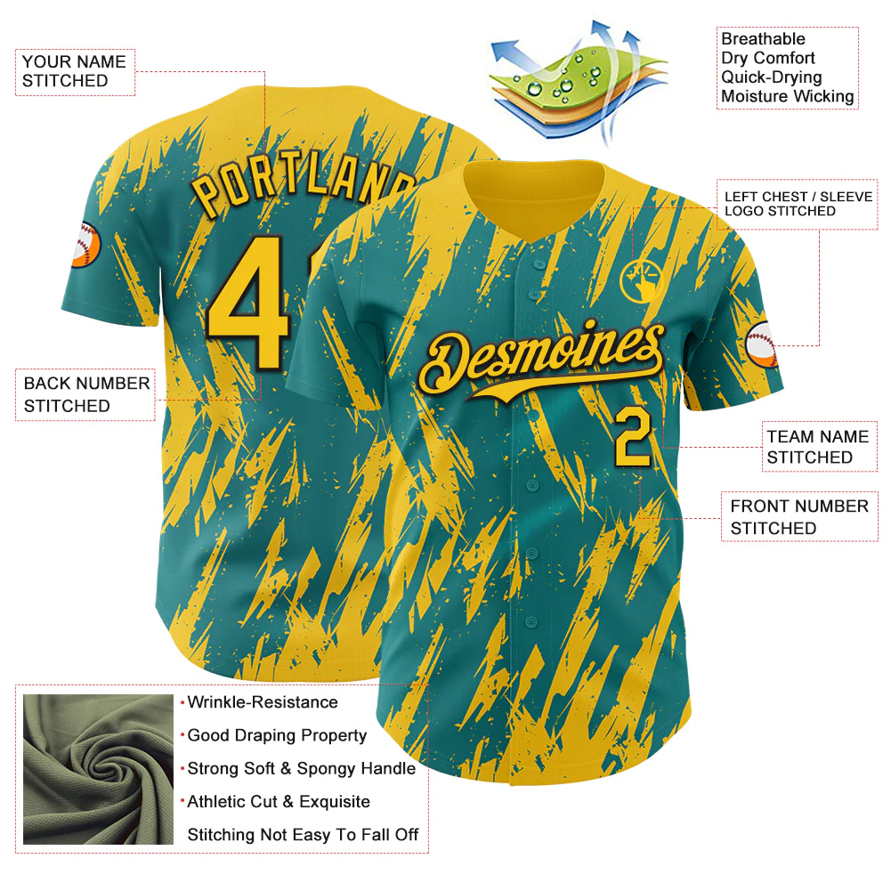 Custom Teal Yellow-Black Splatter Torn Sharp Brush Stroke Authentic Baseball Jersey - Image 3