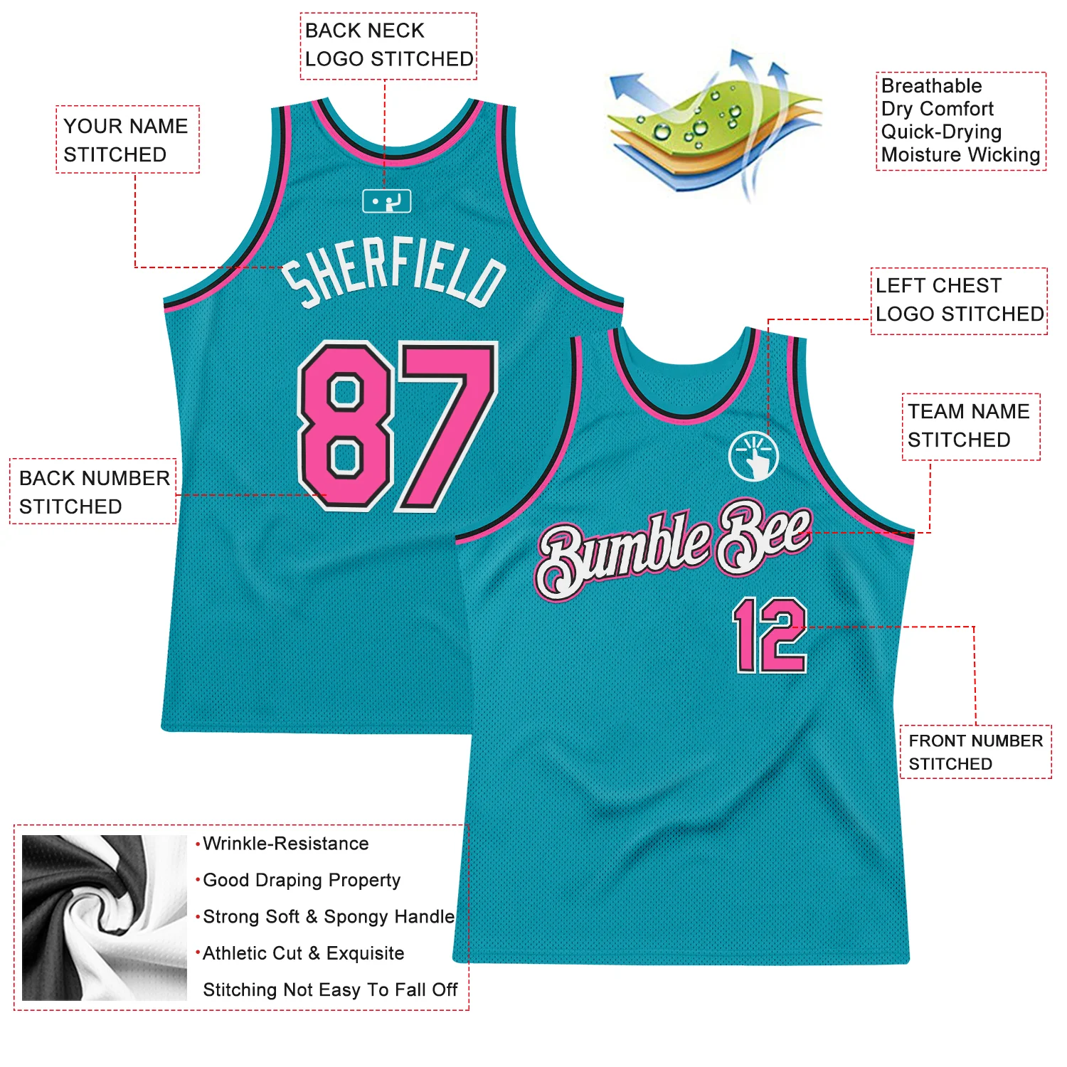 Custom Teal Pink-Black Authentic Throwback Basketball Jersey - Image 2