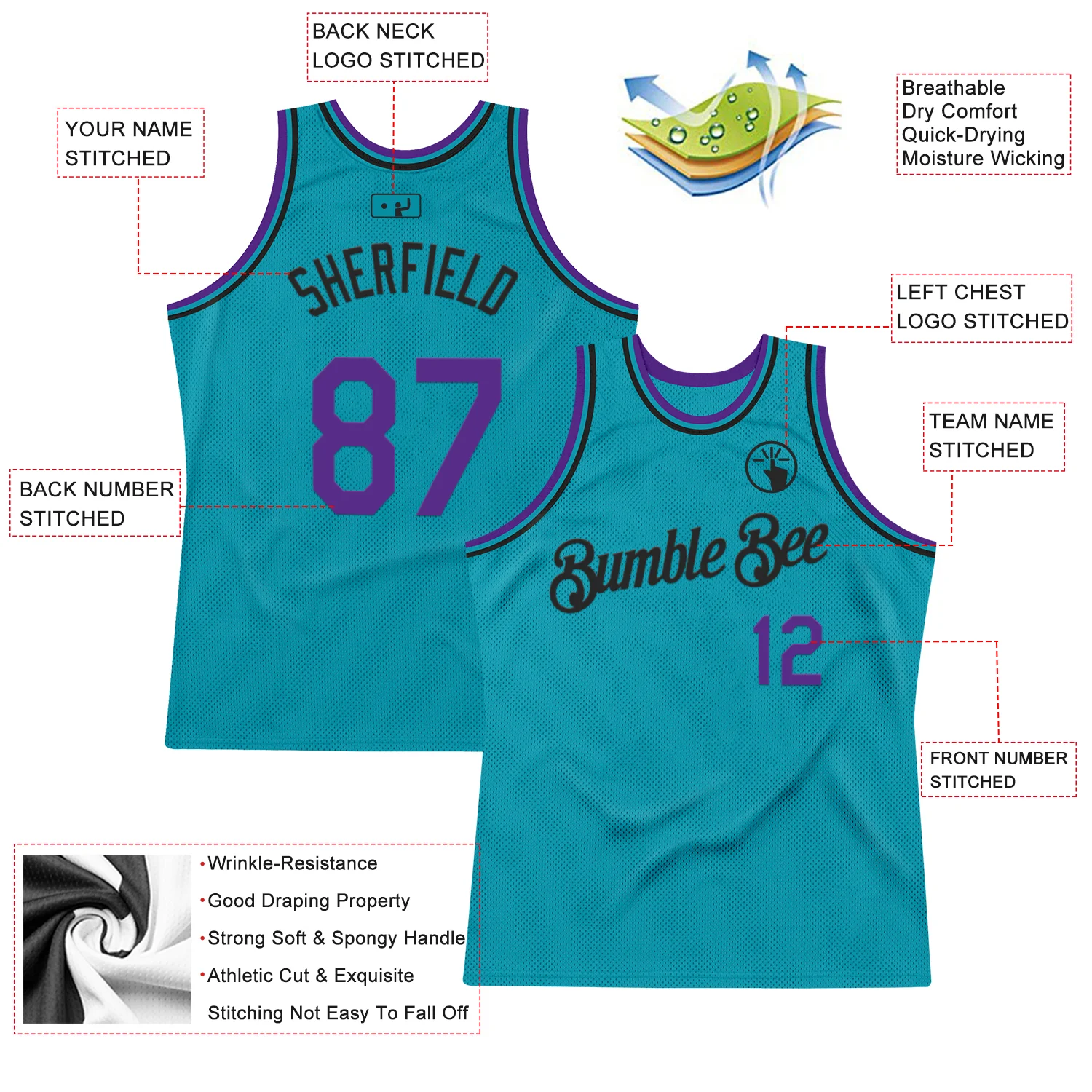 Custom Teal Purple-Black Authentic Throwback Basketball Jersey - Image 2