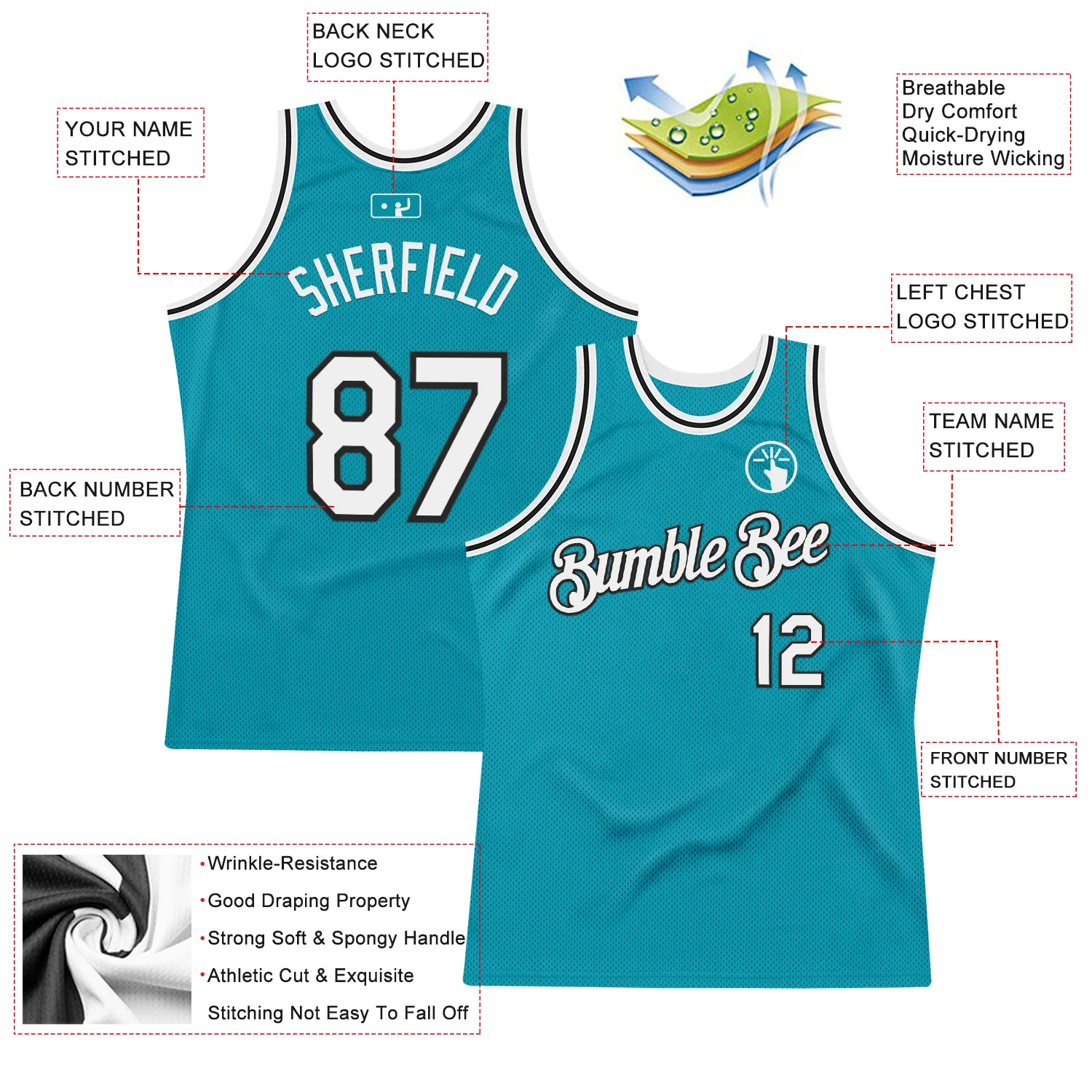 Custom Teal White-Black Authentic Throwback Basketball Jersey - Image 2