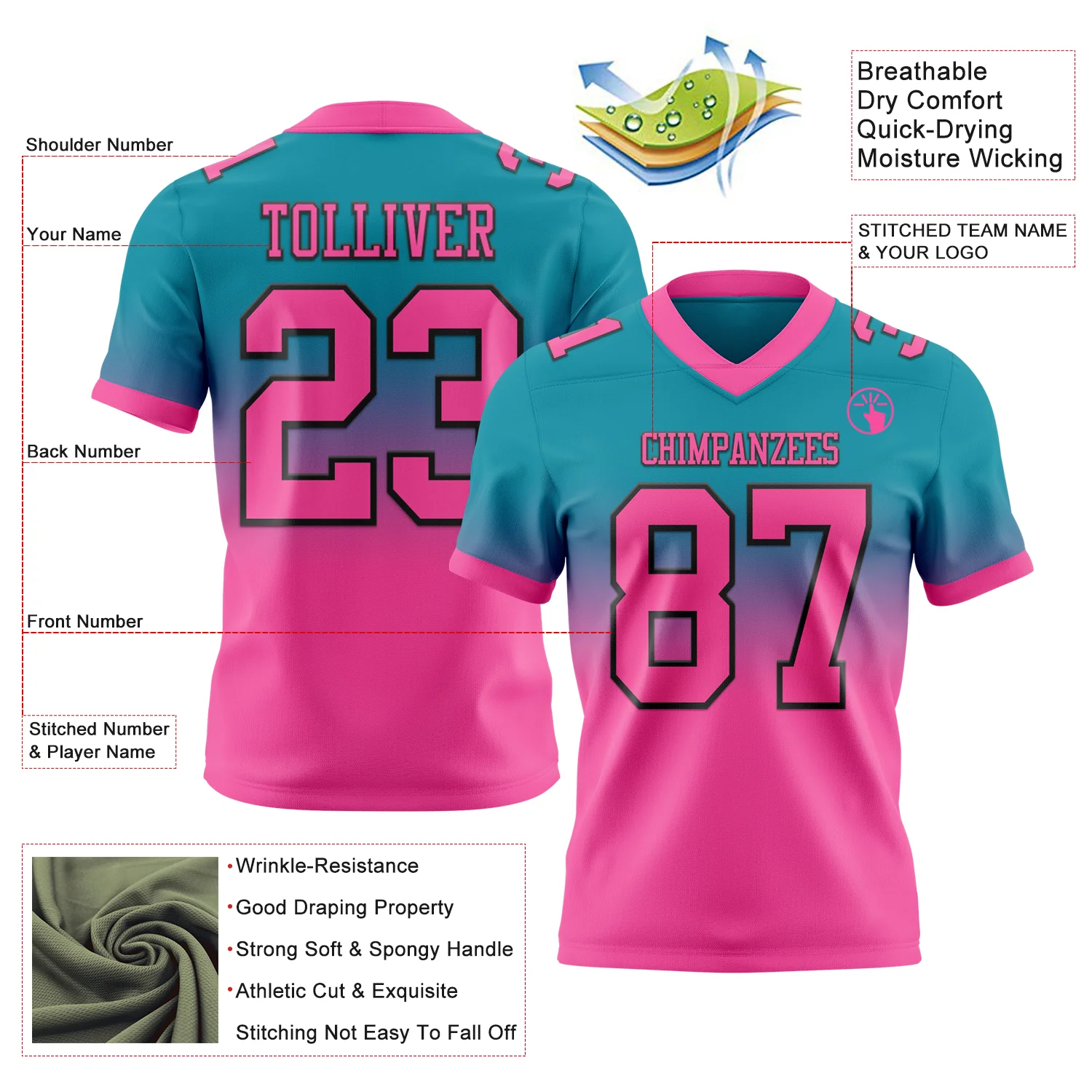 Custom Teal Pink-Black Authentic Fade Fashion Football Jersey - Image 2