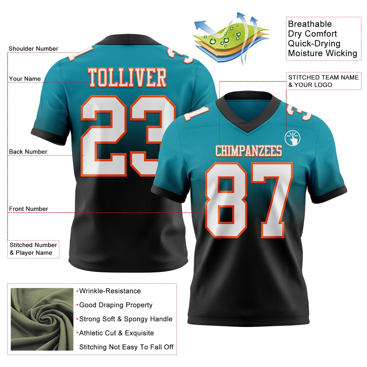 Custom Teal White Black-Orange Authentic Fade Fashion Football Jersey - Image 2