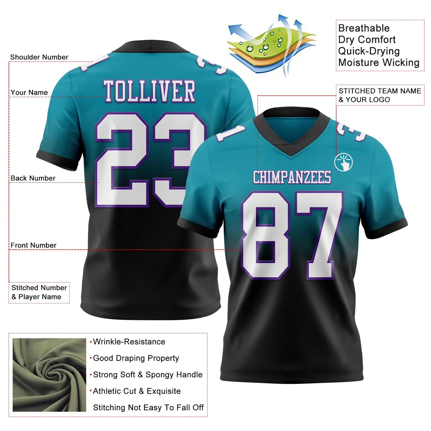 Custom Teal White Black-Purple Authentic Fade Fashion Football Jersey - Image 2