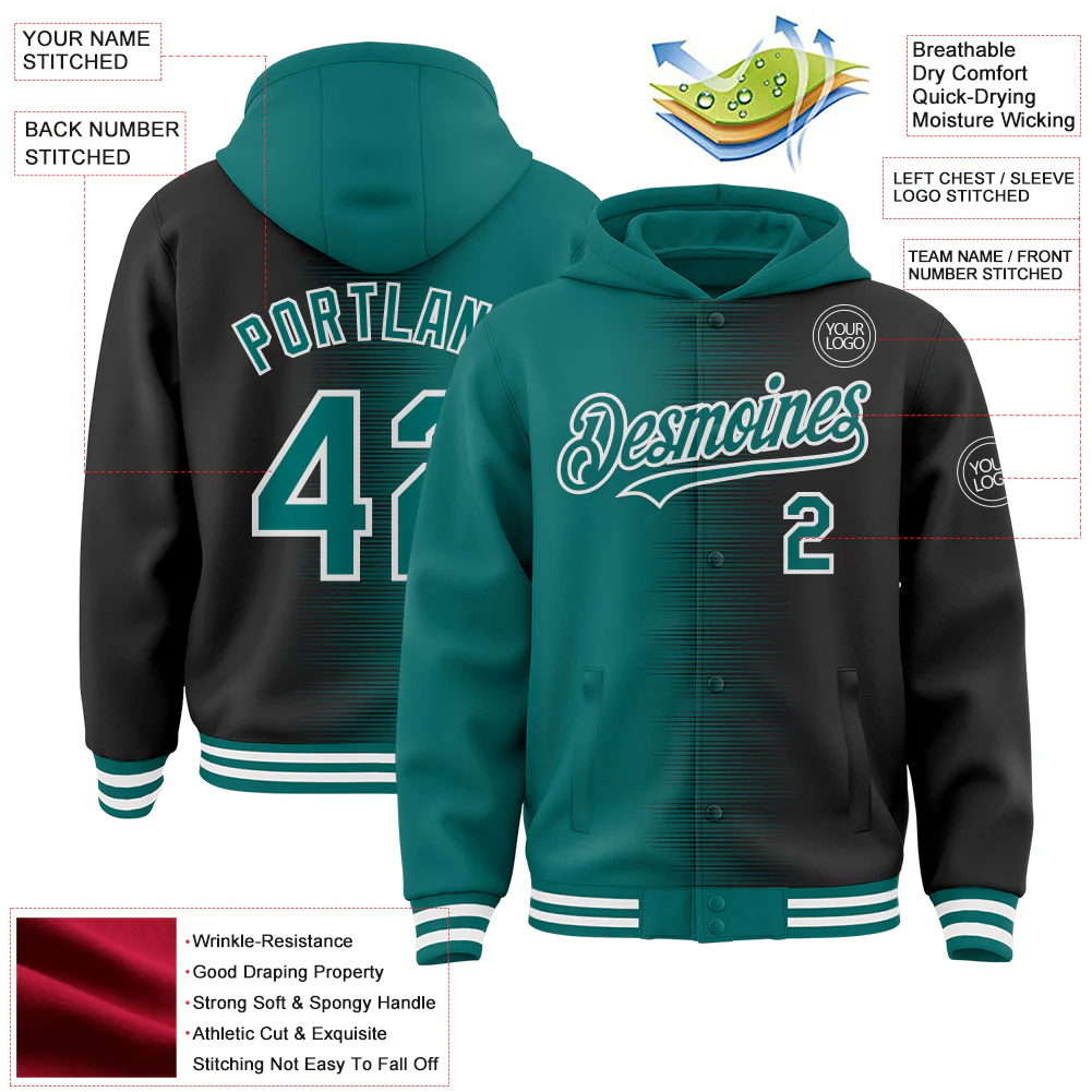 Custom Teal Black-White Gradient Line Bomber Full-Snap Varsity Letterman Hoodie Jacket - Image 4