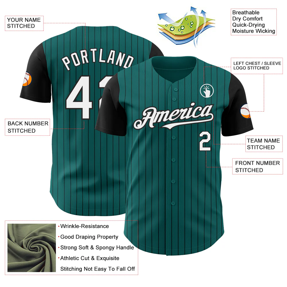Custom Teal Black Pinstripe White Authentic Two Tone Baseball Jersey - Image 3