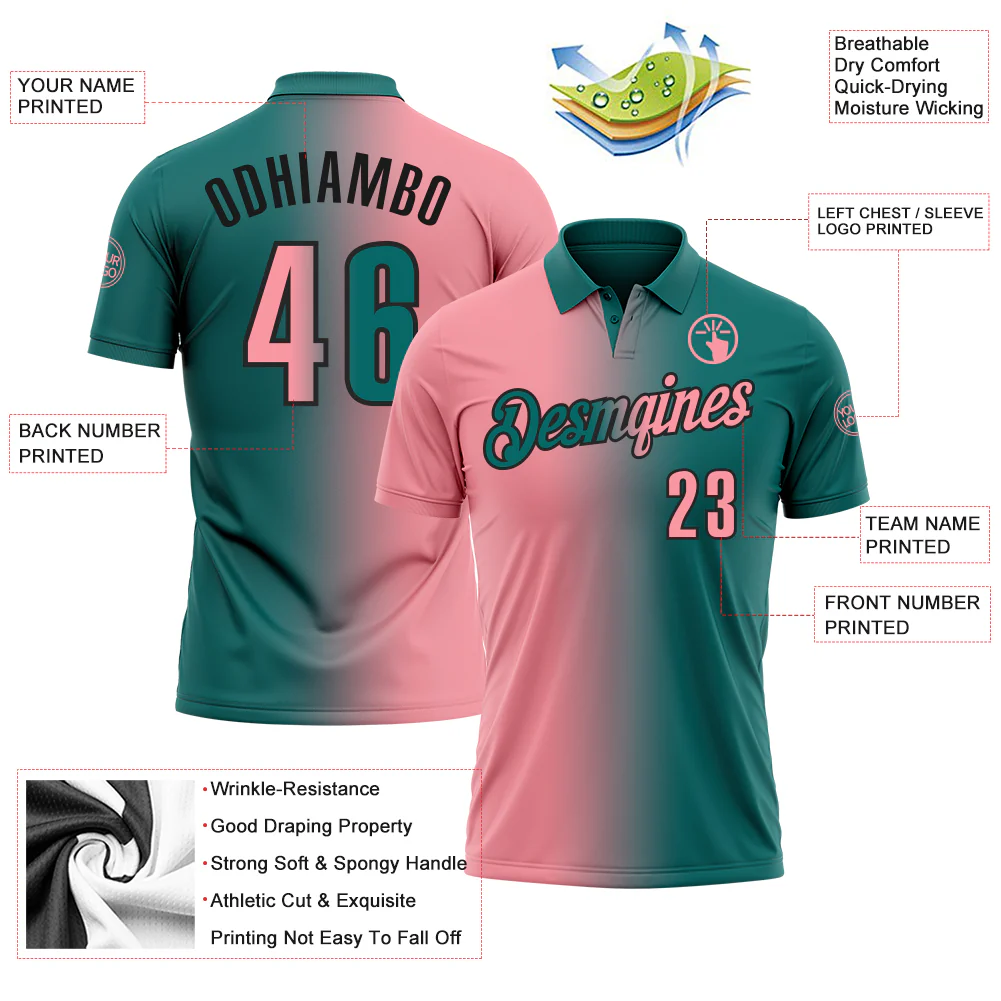 Custom Teal Medium Pink-Black 3D Gradient Fashion Performance Polo Shirt - Image 3