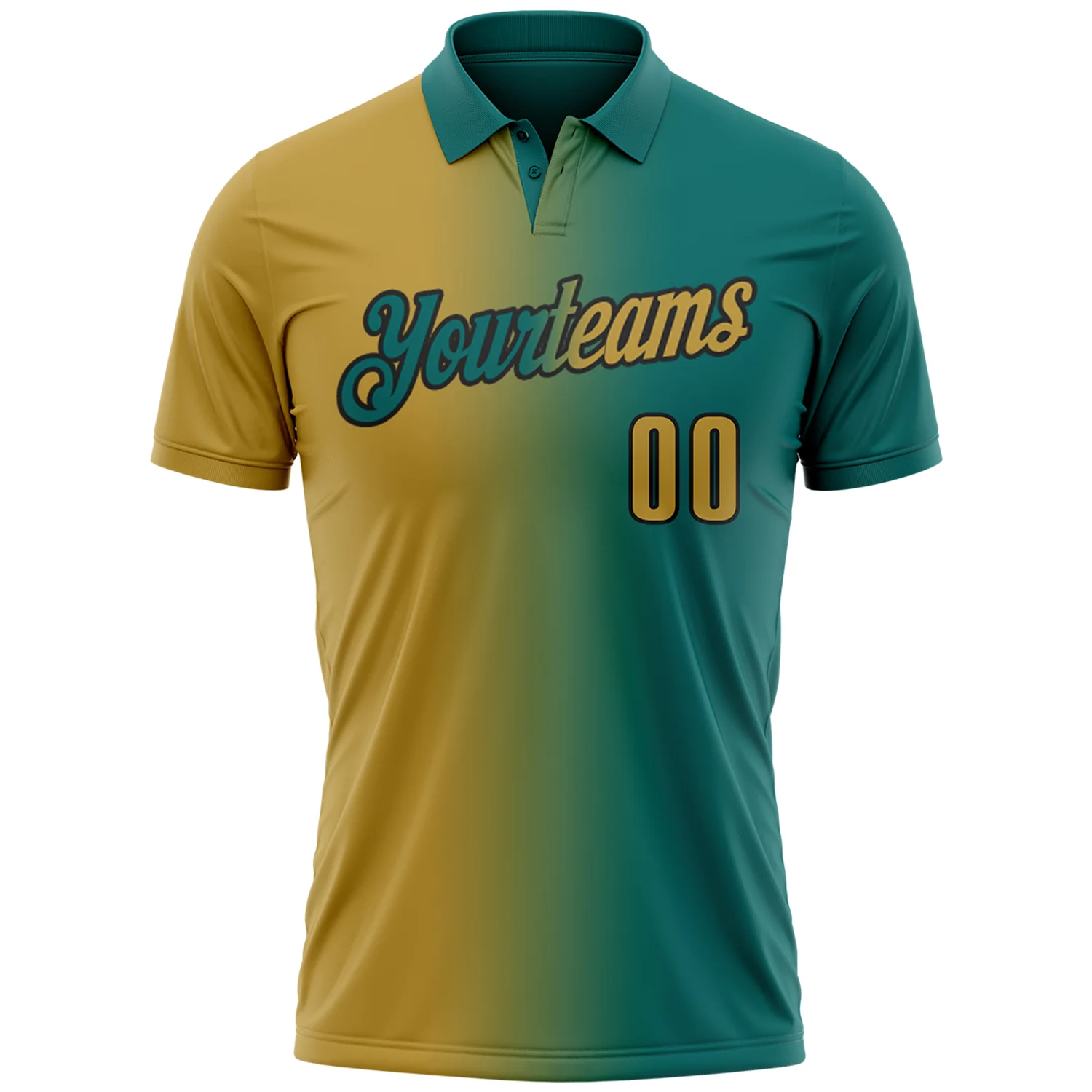 Custom Teal Old Gold-Black 3D Gradient Fashion Performance Polo Shirt - Image 2