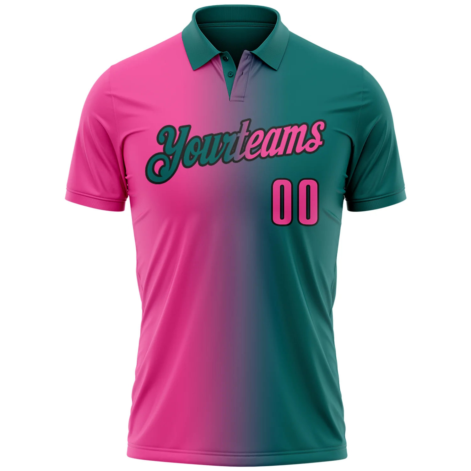 Custom Teal Pink-Black 3D Gradient Fashion Performance Polo Shirt - Image 2