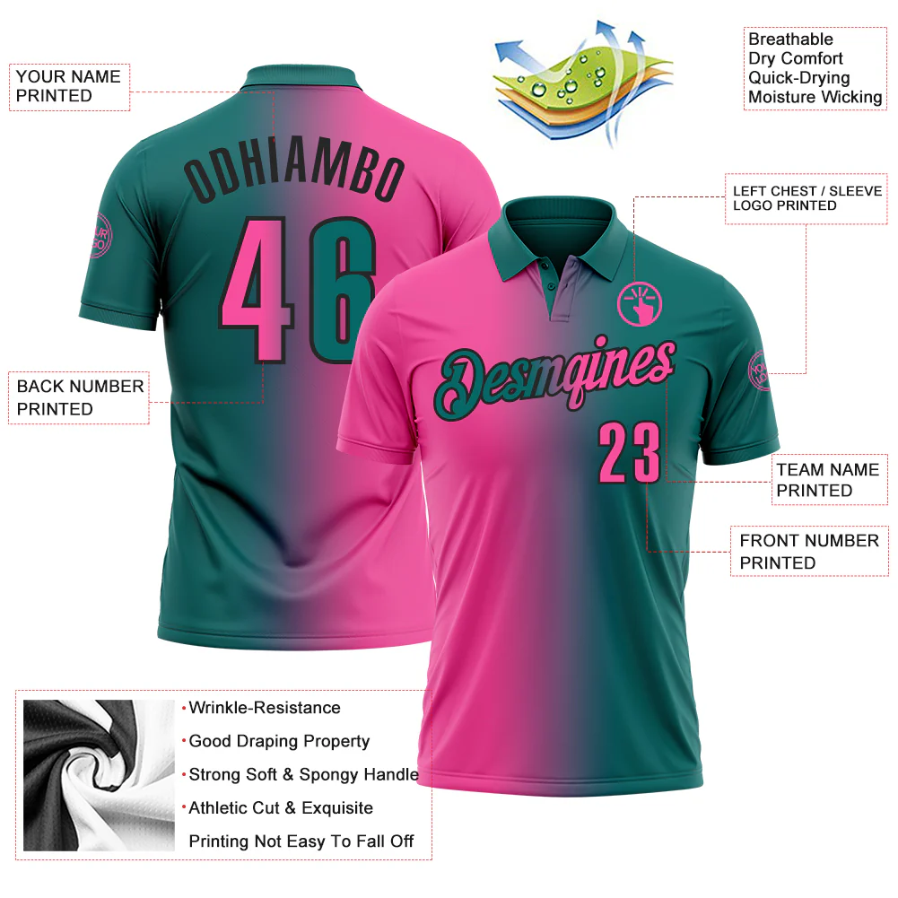 Custom Teal Pink-Black 3D Gradient Fashion Performance Polo Shirt - Image 3
