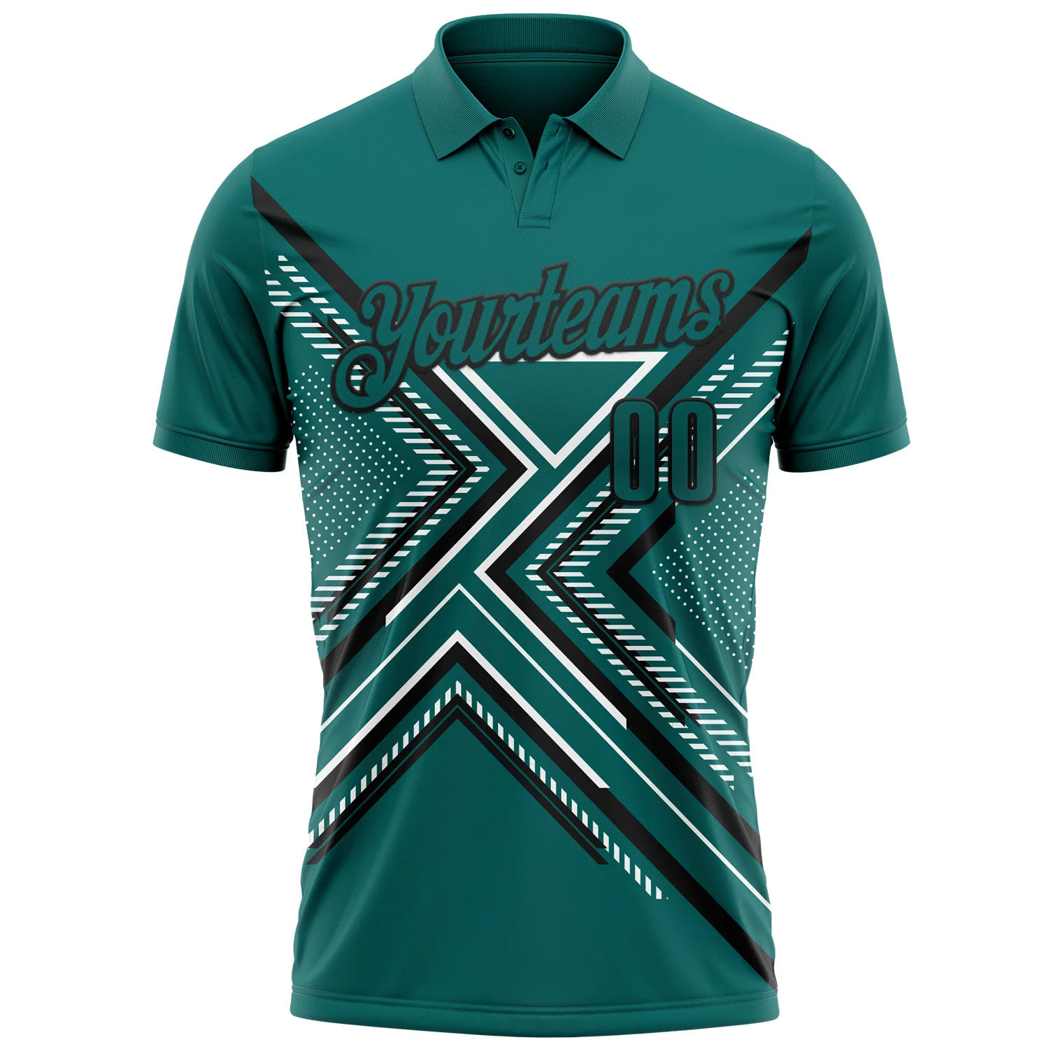 Custom Teal Black-White 3D Pattern Design Geometric Shapes Performance Polo Shirt - Image 2