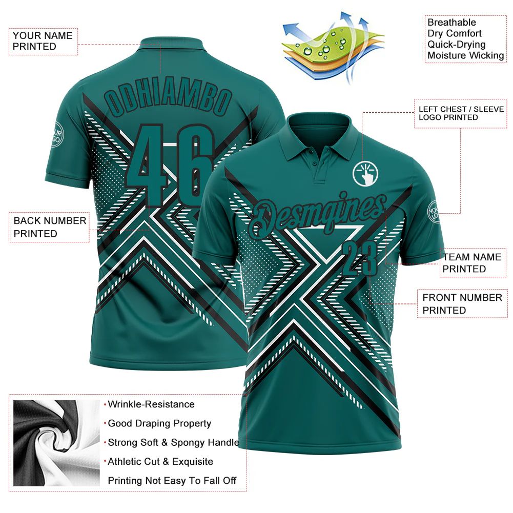 Custom Teal Black-White 3D Pattern Design Geometric Shapes Performance Polo Shirt - Image 3