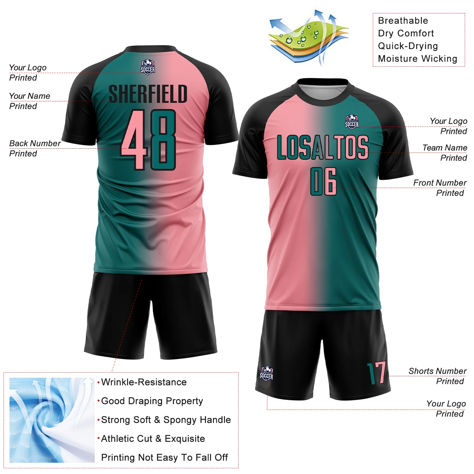 Custom Teal Medium Pink-Black Sublimation Gradient Fashion Soccer Uniform Jersey - Image 4