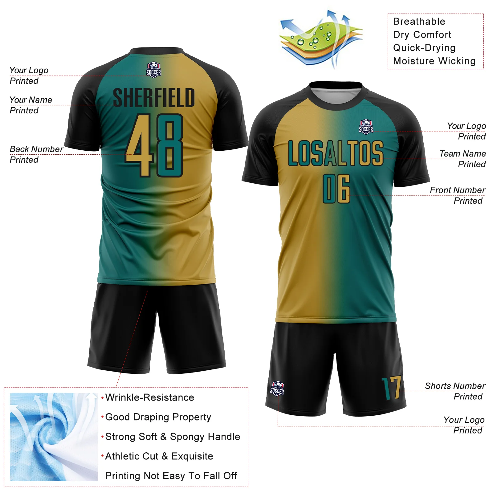 Custom Teal Old Gold-Black Sublimation Gradient Fashion Soccer Uniform Jersey - Image 4