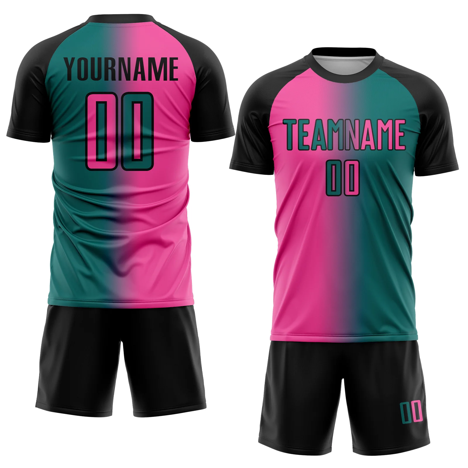 Custom Teal Pink-Black Sublimation Gradient Fashion Soccer Uniform Jersey - Image 2