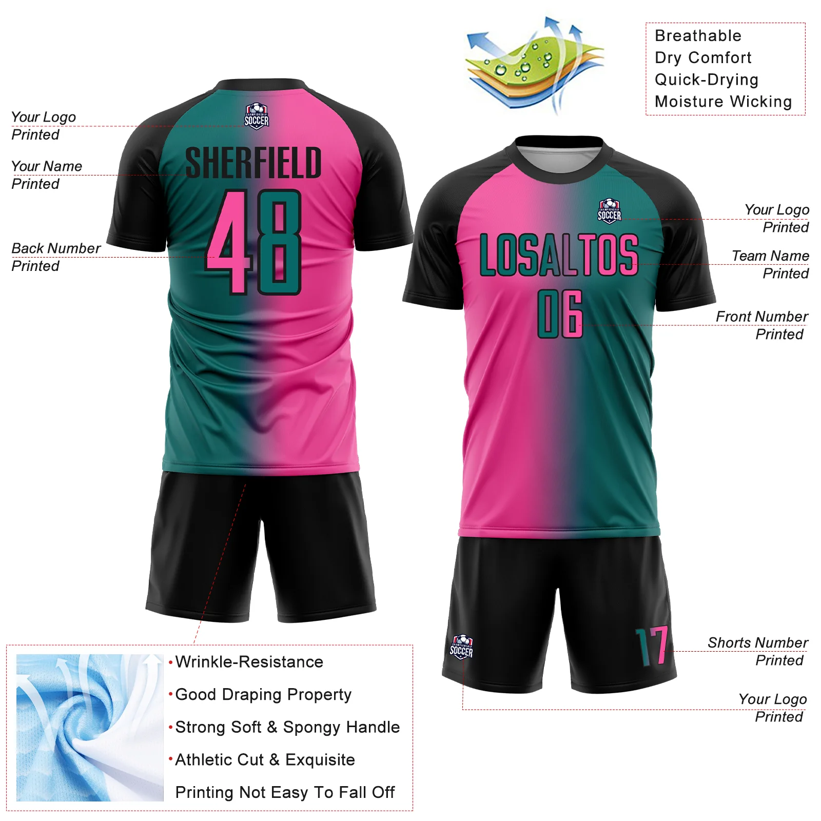 Custom Teal Pink-Black Sublimation Gradient Fashion Soccer Uniform Jersey - Image 4
