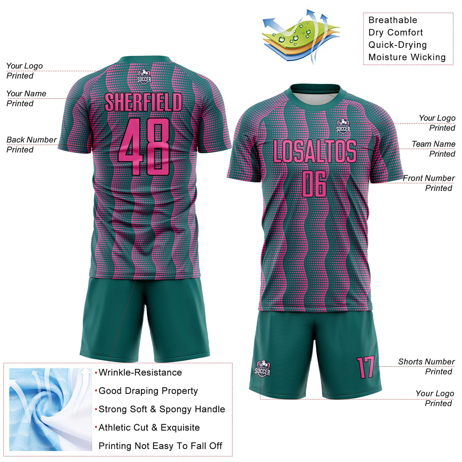 Custom Teal Pink-Black Geometric Shape Sublimation Soccer Uniform Jersey - Image 4