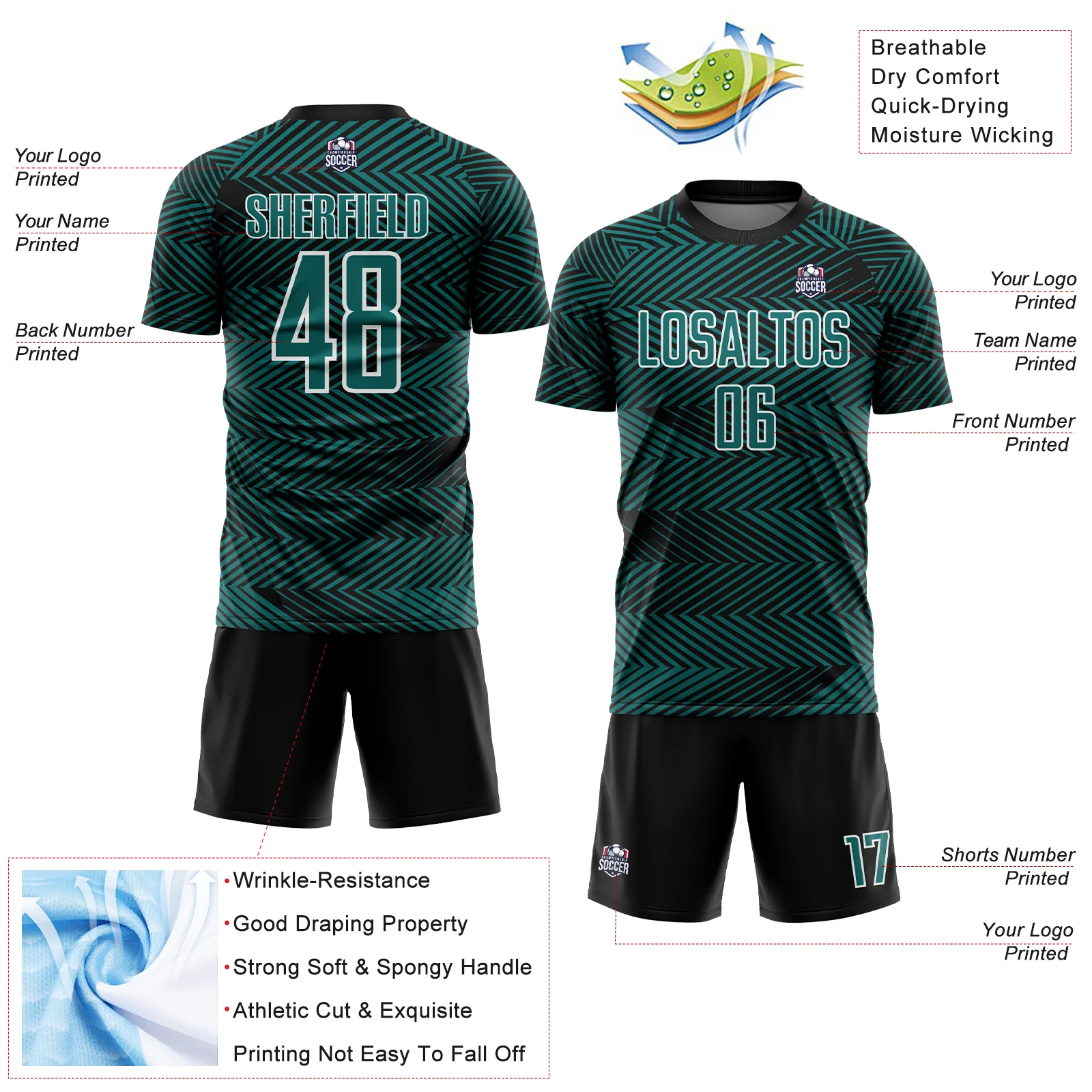 Custom Teal Black-White Line Sublimation Soccer Uniform Jersey - Image 4