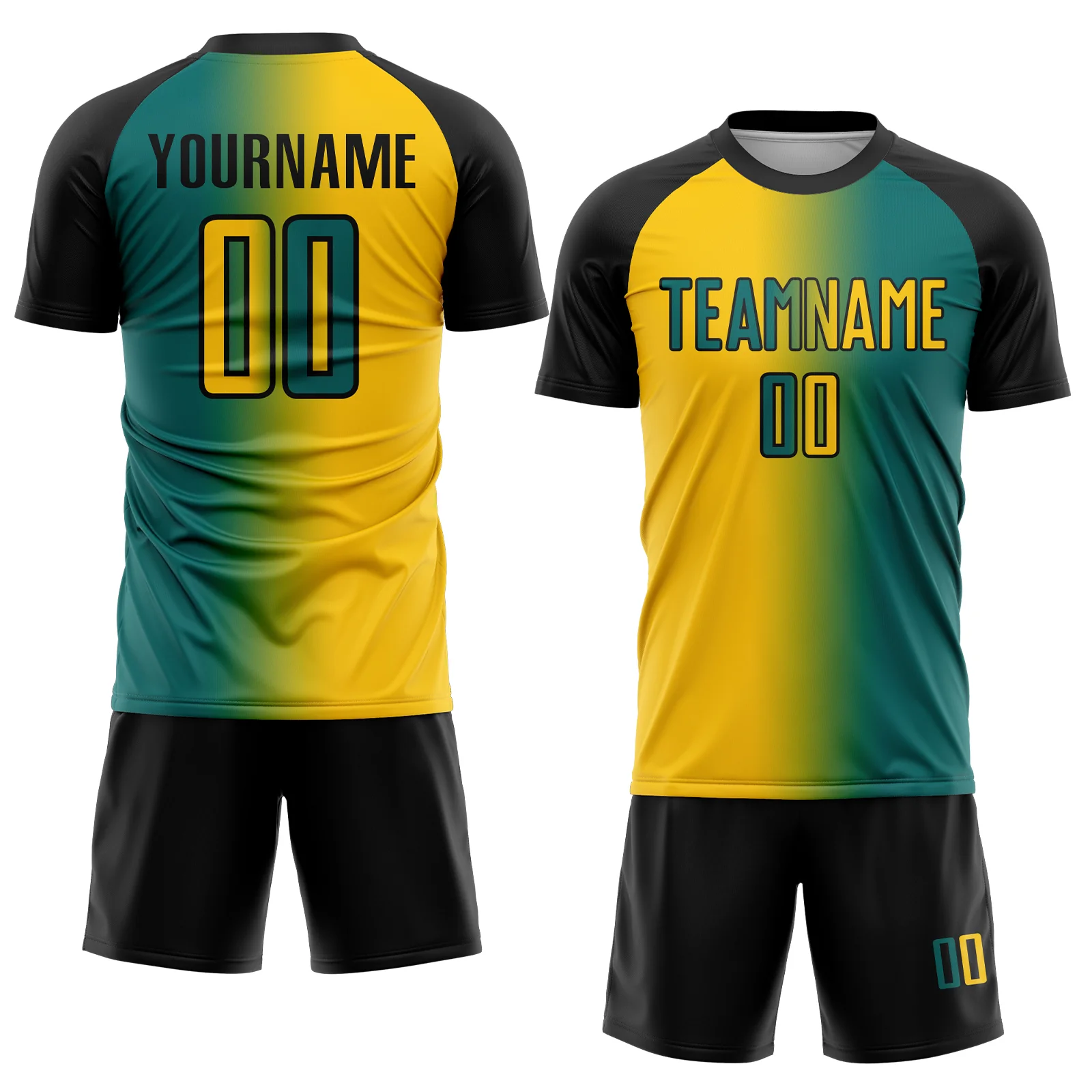 Custom Teal Yellow-Black Sublimation Gradient Fashion Soccer Uniform Jersey - Image 2