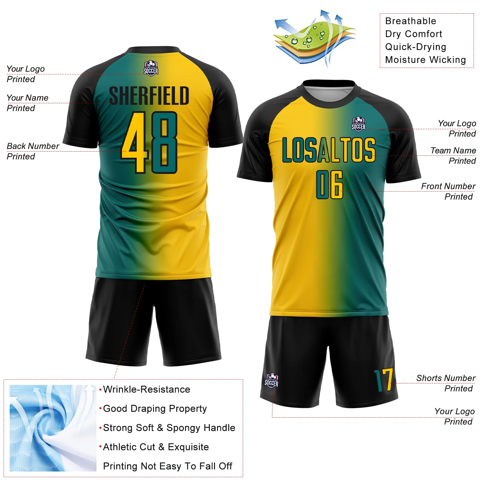 Custom Teal Yellow-Black Sublimation Gradient Fashion Soccer Uniform Jersey - Image 4
