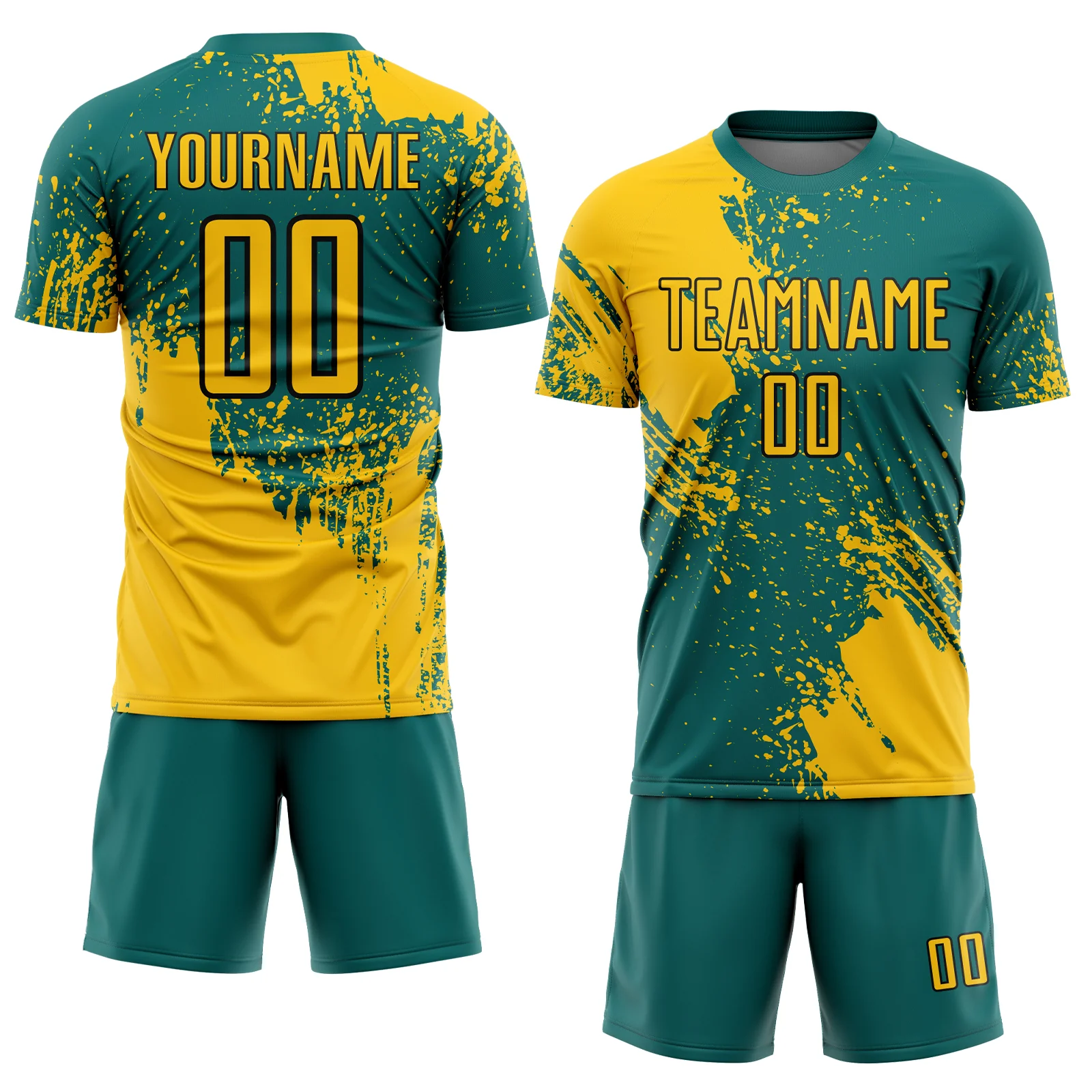 Custom Teal Yellow-Black Abstract Brush Stroke Sports Sublimation Soccer Uniform Jersey - Image 2