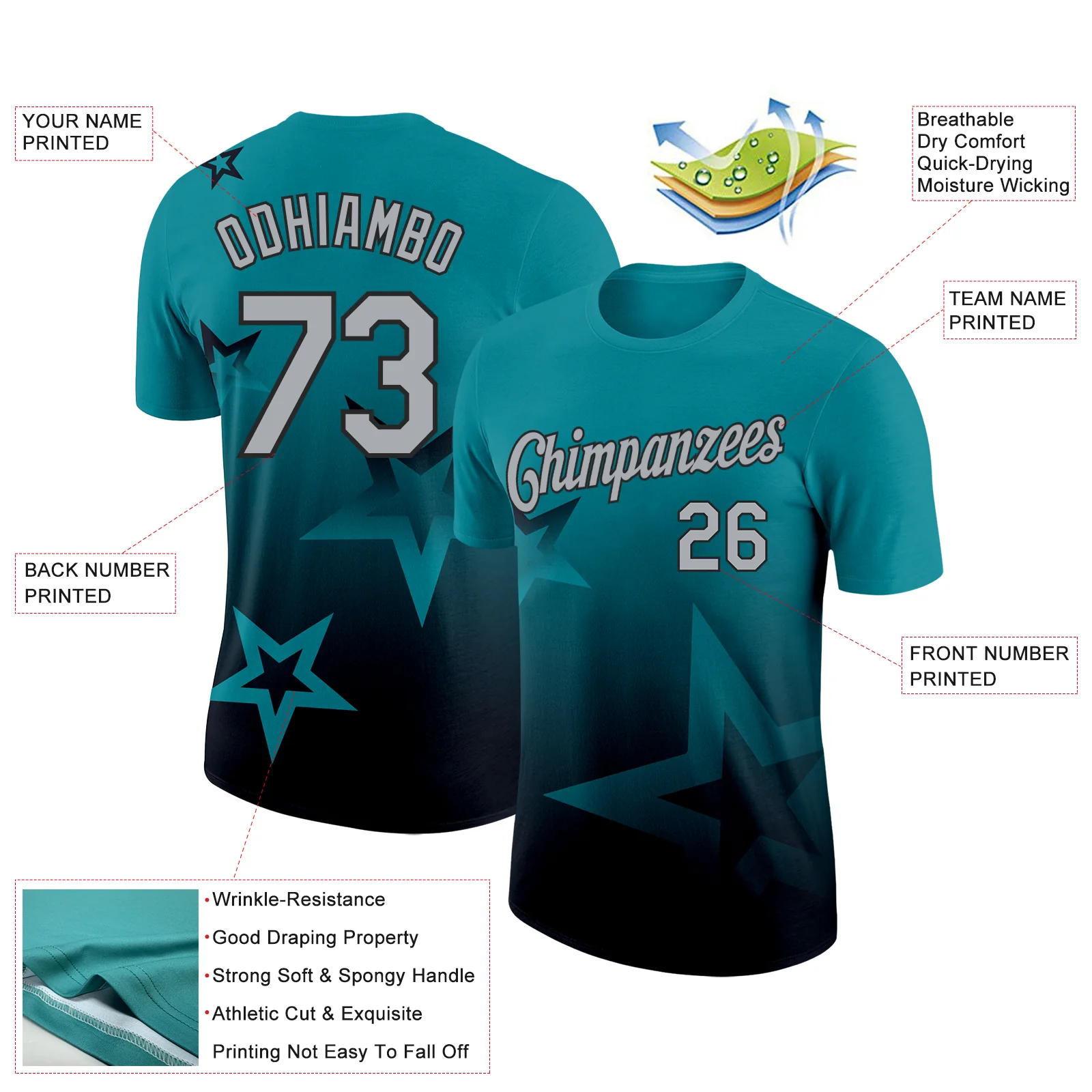 Custom Teal Gray-Black 3D Pattern Design Gradient Style Twinkle Star Performance T-Shirt - Image 2