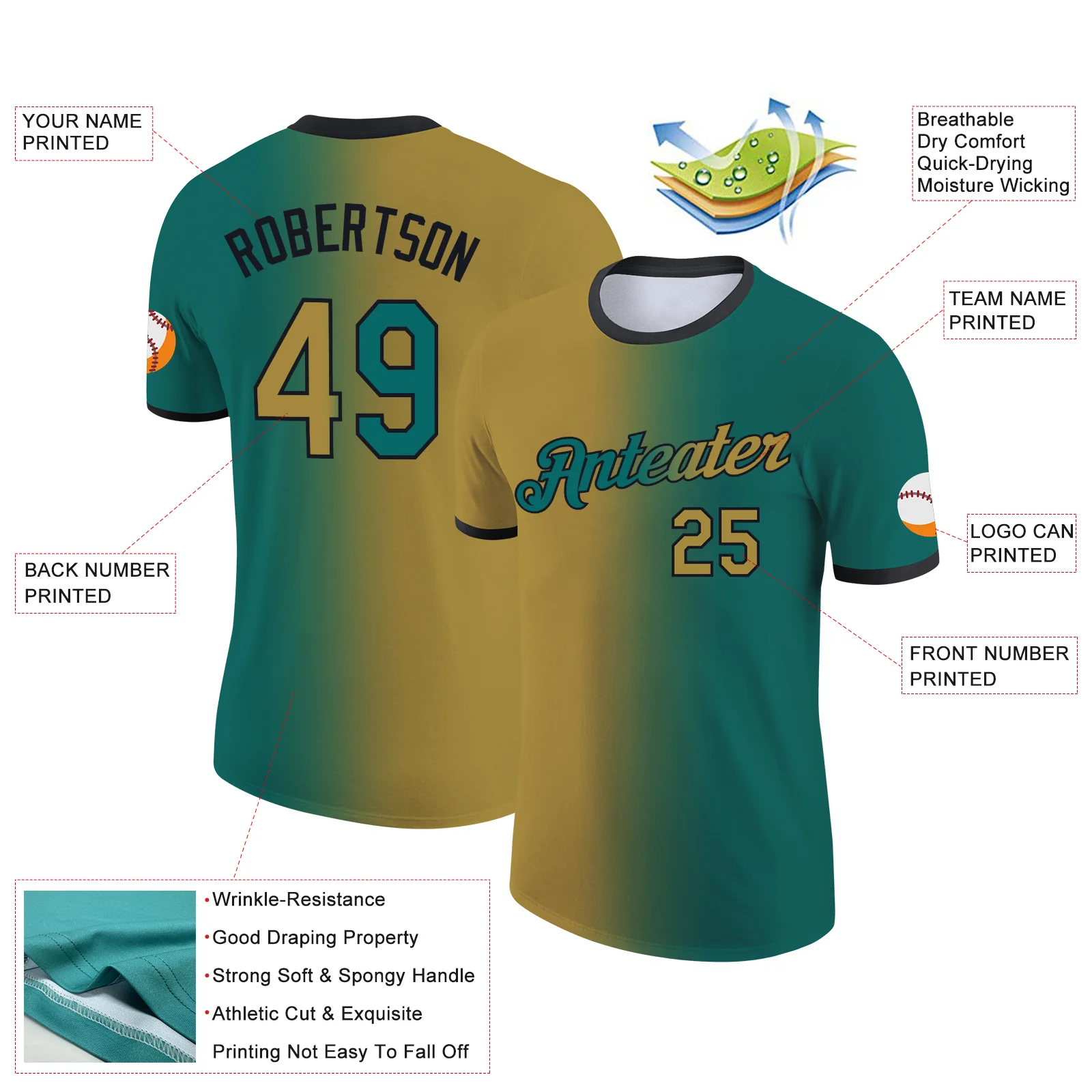 Custom Teal Old Gold-Black Gradient Fashion Performance T-Shirt - Image 2