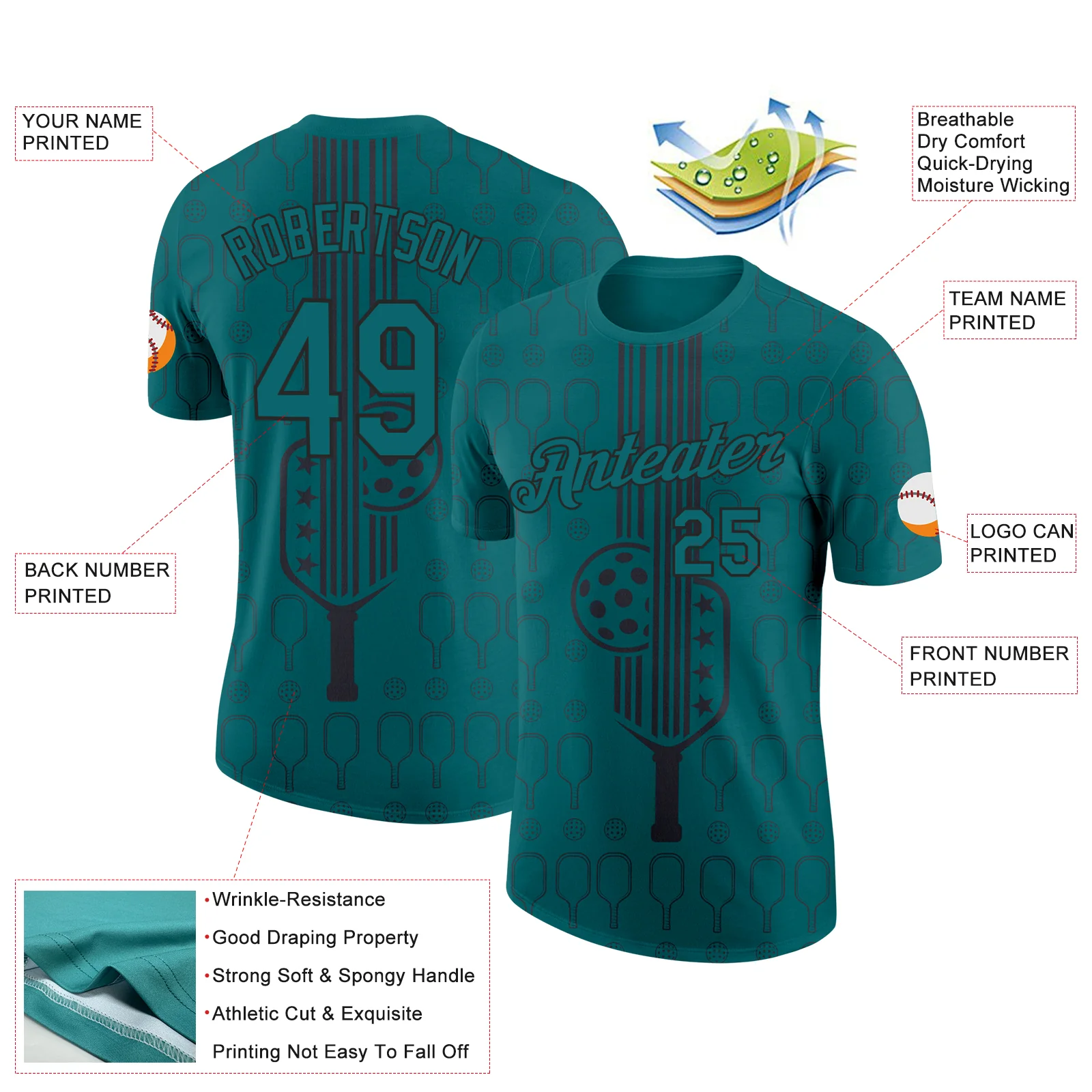 Custom Teal Black 3D Pickleball Paddles Balls Performance T-Shirt - Image 2